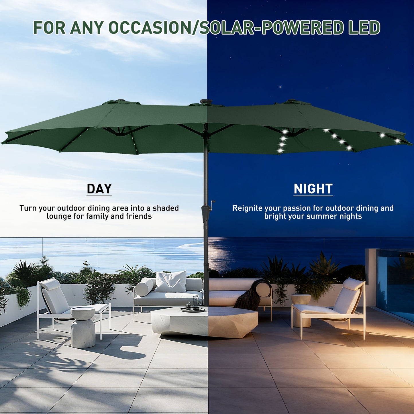 Autlaycil 15' Market Patio Umbrella and Matching Base with Crank System and 48 Solar Powered LED Lights for Outdoor, Market, Beach, Garden, Yard, Party, Green