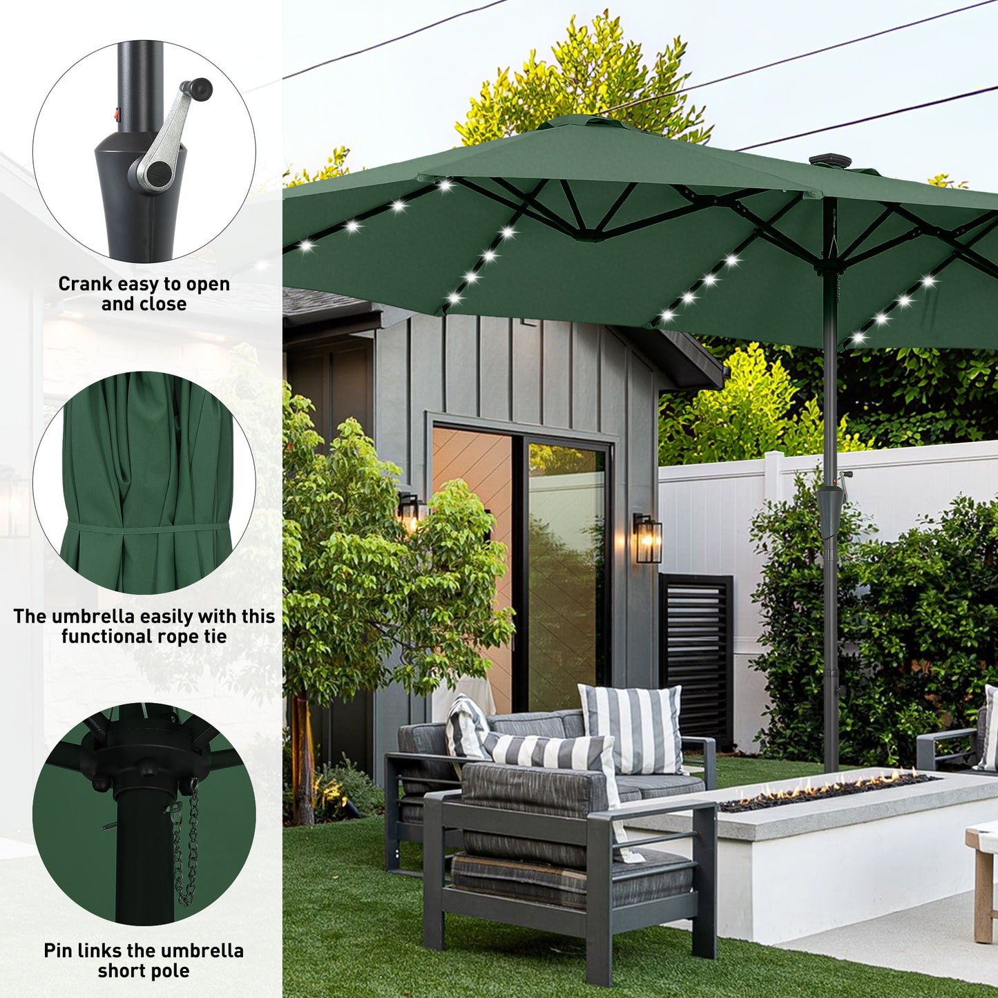 Autlaycil 15' Market Patio Umbrella and Matching Base with Crank System and 48 Solar Powered LED Lights for Outdoor, Market, Beach, Garden, Yard, Party, Green