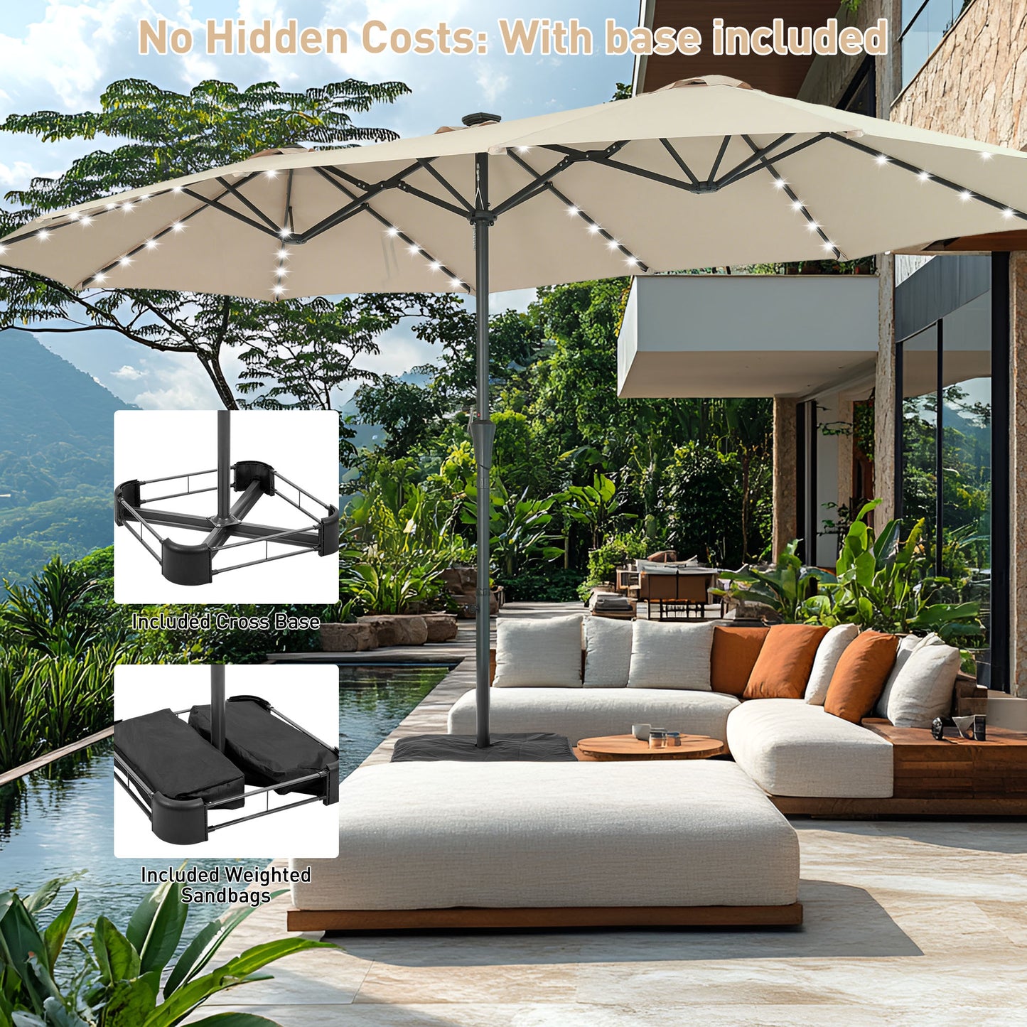 Autlaycil 15' Market Patio Umbrella and Matching Base with Crank System and 48 Solar Powered LED Lights for Outdoor, Market, Beach, Garden, Yard, Party, Beige