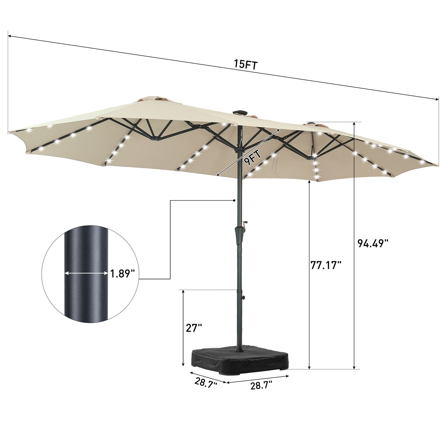 Autlaycil 15' Market Patio Umbrella and Matching Base with Crank System and 48 Solar Powered LED Lights for Outdoor, Market, Beach, Garden, Yard, Party, Beige