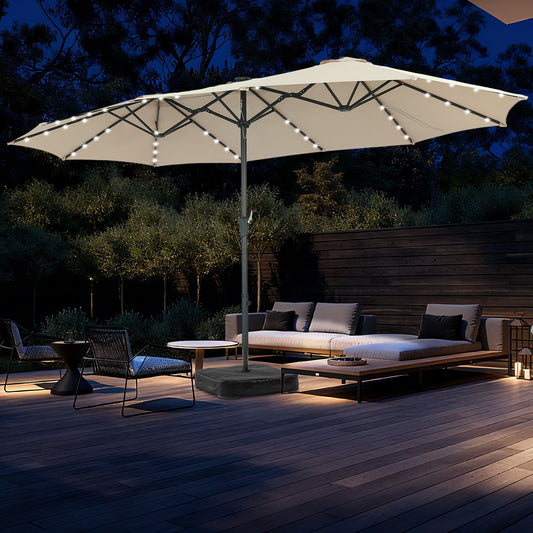 Autlaycil 15' Market Patio Umbrella and Matching Base with Crank System and 48 Solar Powered LED Lights for Outdoor, Market, Beach, Garden, Yard, Party, Beige