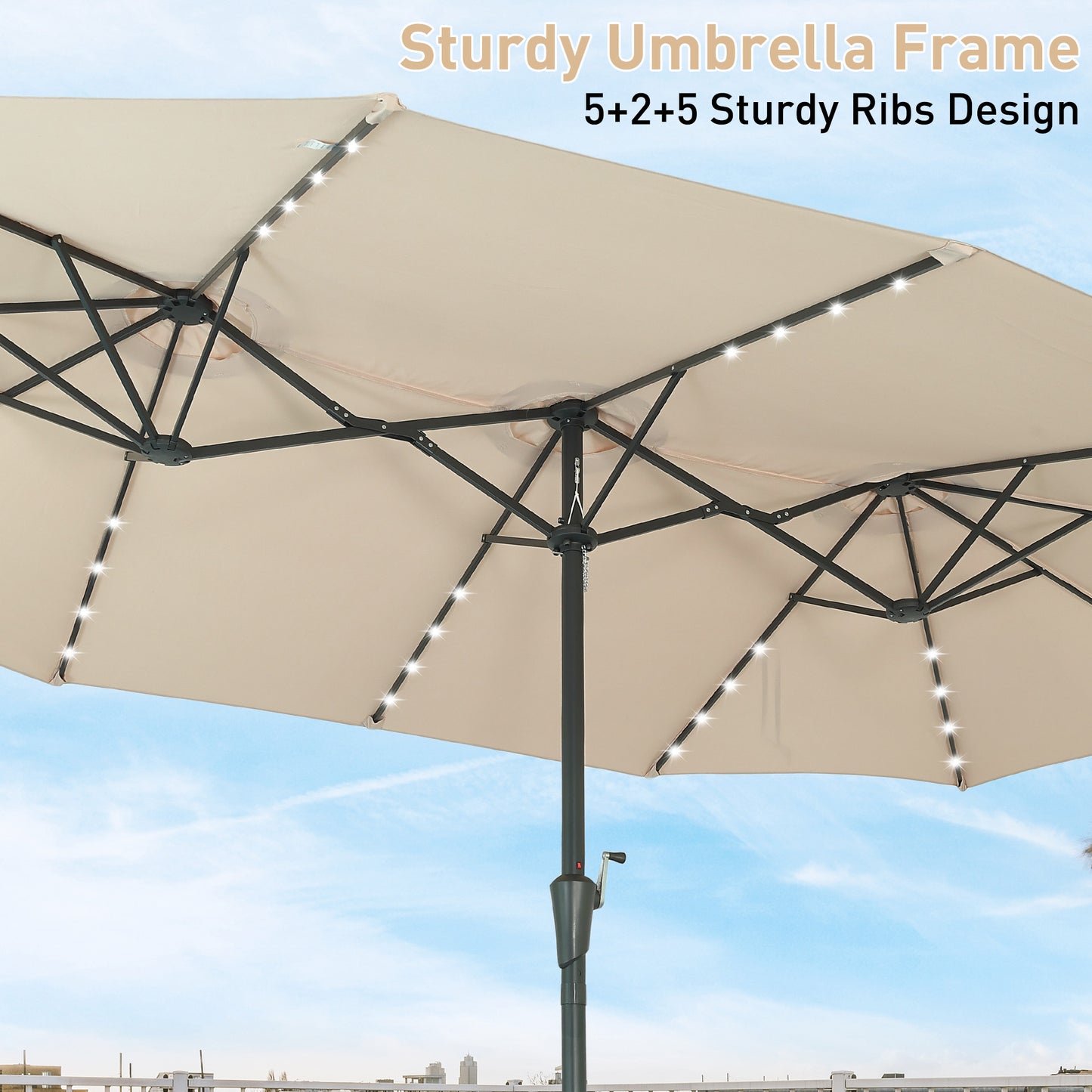 Autlaycil 15' Market Patio Umbrella and Matching Base with Crank System and 48 Solar Powered LED Lights for Outdoor, Market, Beach, Garden, Yard, Party, Beige