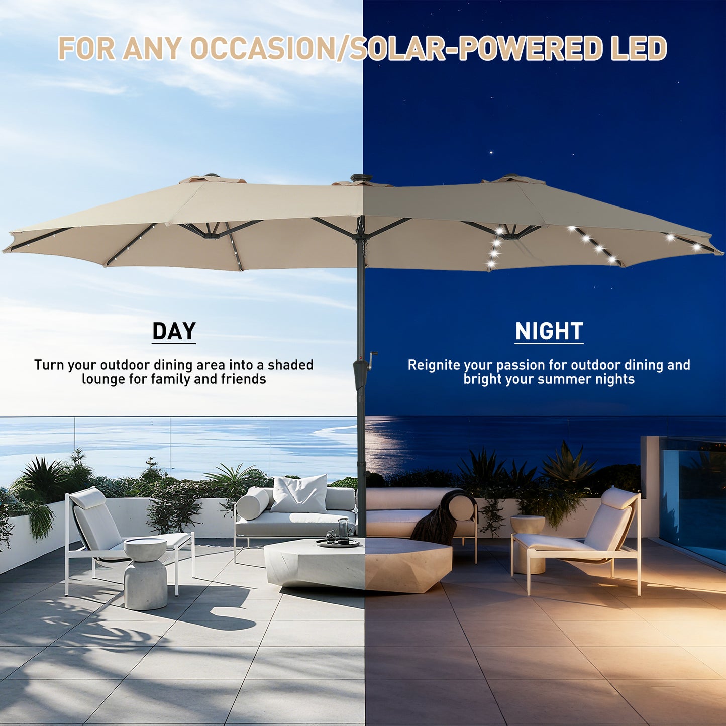 Autlaycil 15' Market Patio Umbrella and Matching Base with Crank System and 48 Solar Powered LED Lights for Outdoor, Market, Beach, Garden, Yard, Party, Beige