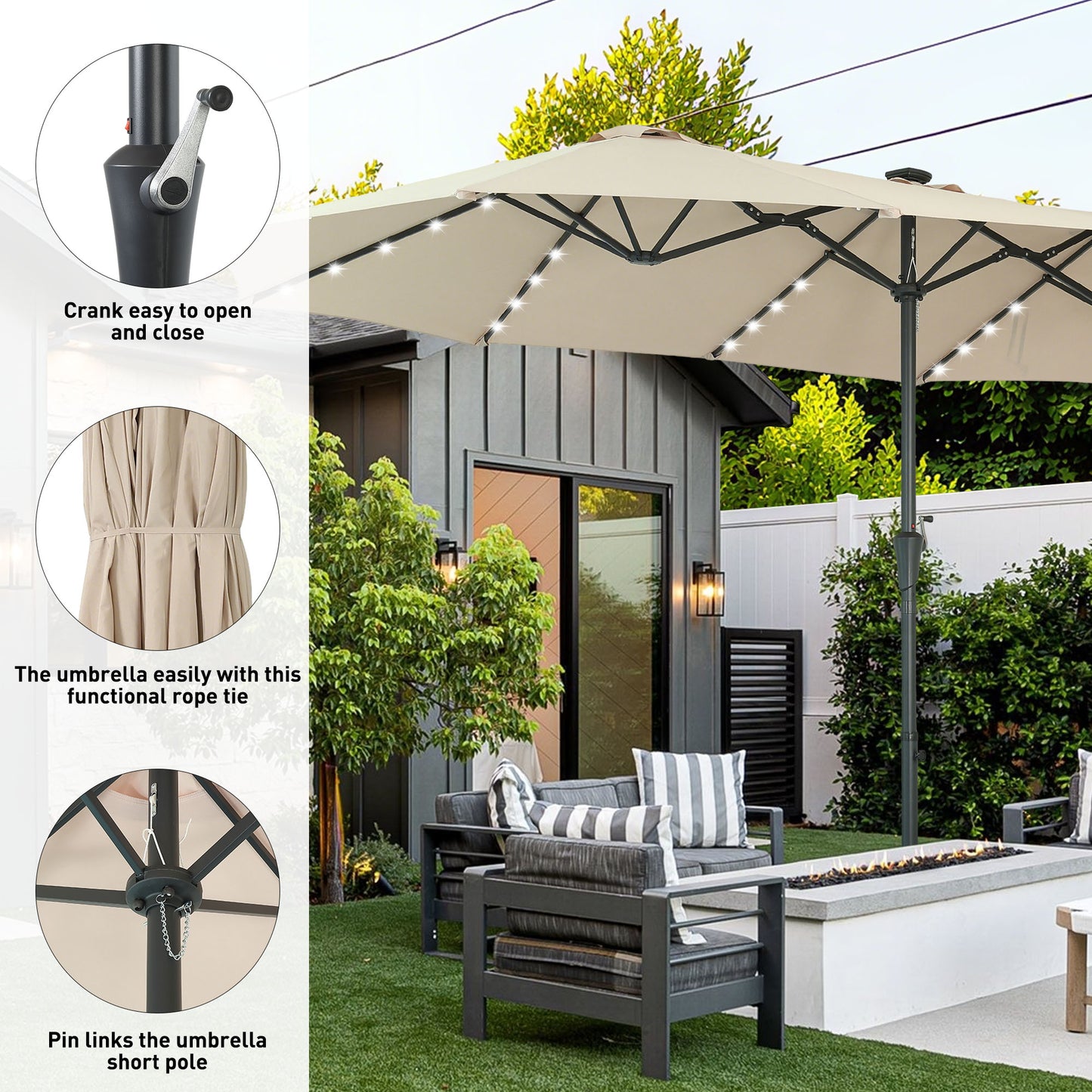 Autlaycil 15' Market Patio Umbrella and Matching Base with Crank System and 48 Solar Powered LED Lights for Outdoor, Market, Beach, Garden, Yard, Party, Beige