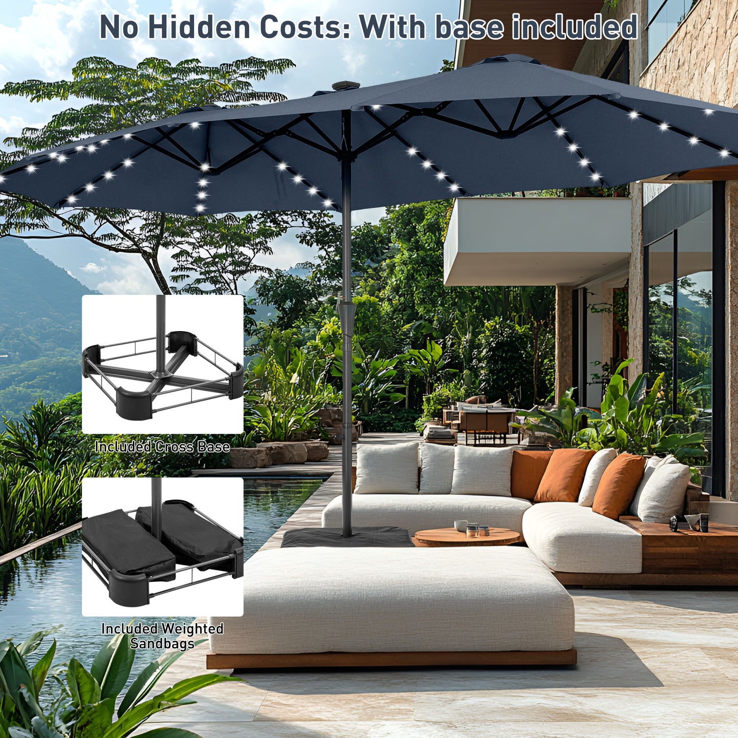 Autlaycil 15' Market Patio Umbrella and Matching Base with Crank System and 48 Solar Powered LED Lights for Outdoor, Market, Beach, Garden, Yard, Party, Navy Blue