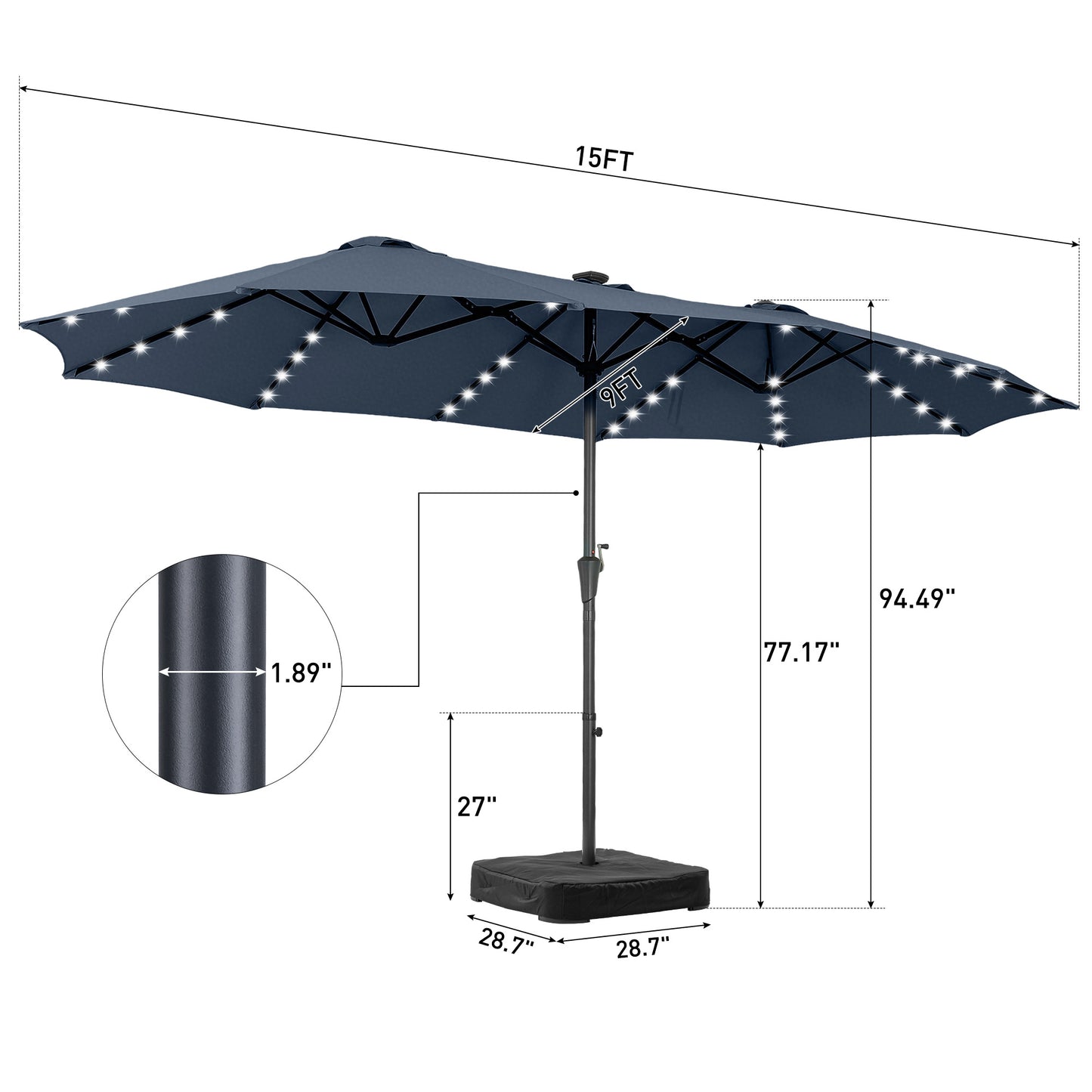 Autlaycil 15' Market Patio Umbrella and Matching Base with Crank System and 48 Solar Powered LED Lights for Outdoor, Market, Beach, Garden, Yard, Party, Navy Blue