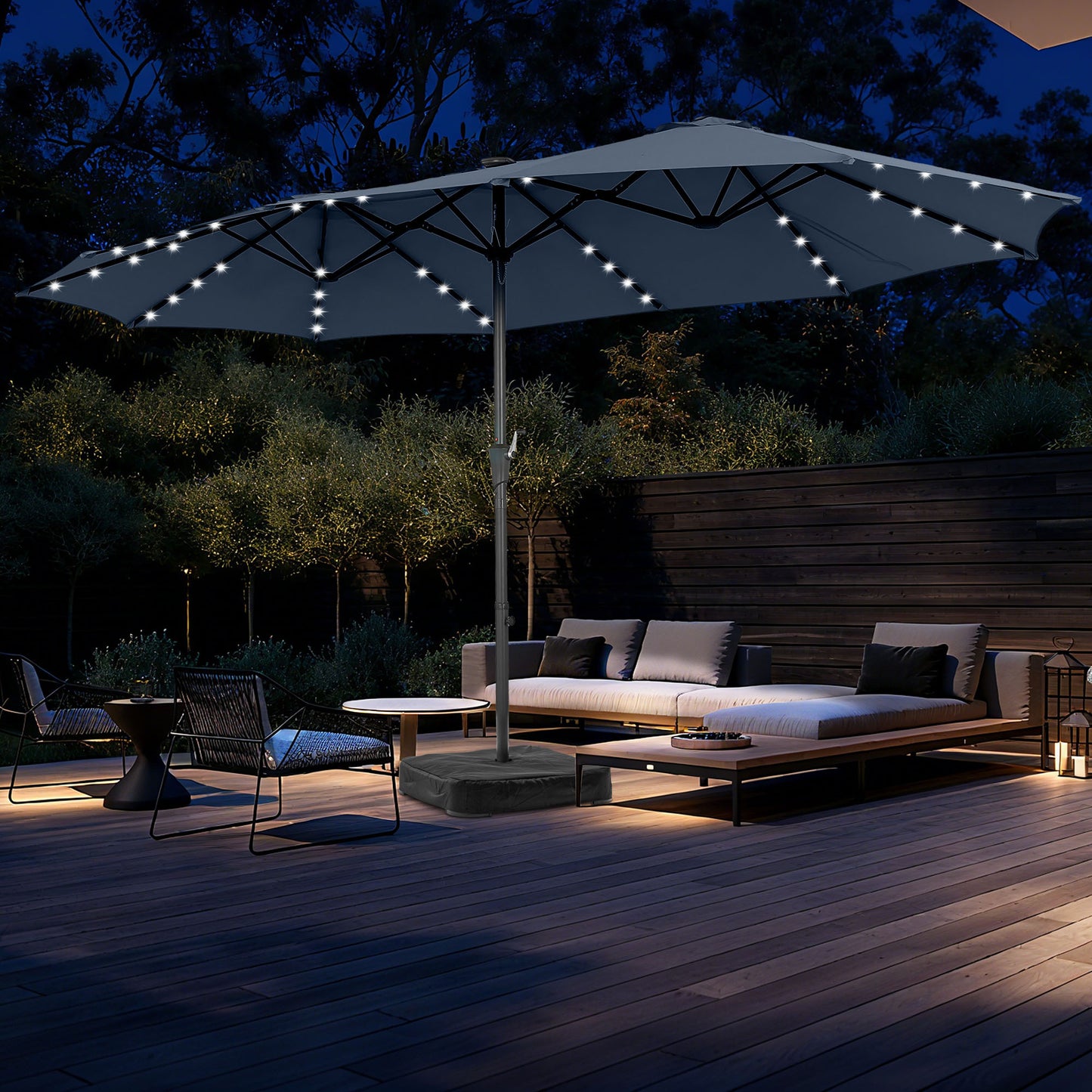 Autlaycil 15' Market Patio Umbrella and Matching Base with Crank System and 48 Solar Powered LED Lights for Outdoor, Market, Beach, Garden, Yard, Party, Navy Blue