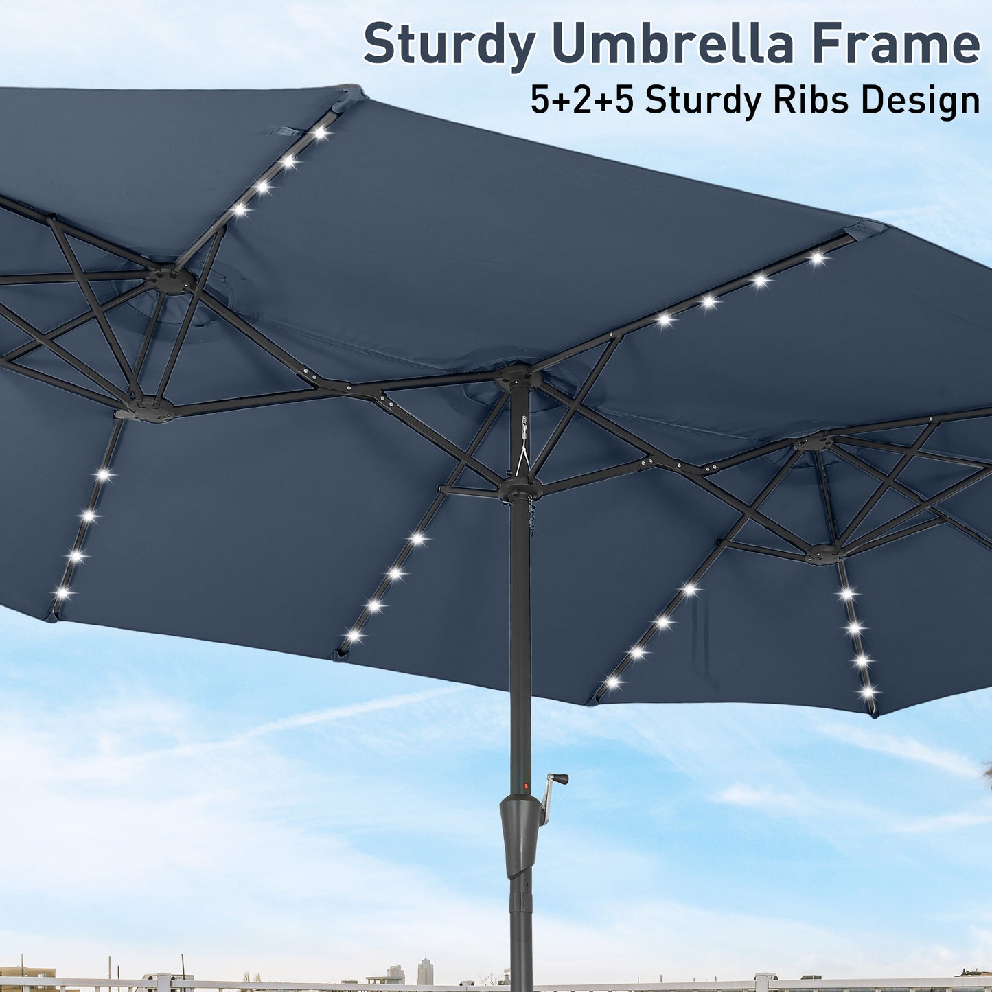 Autlaycil 15' Market Patio Umbrella and Matching Base with Crank System and 48 Solar Powered LED Lights for Outdoor, Market, Beach, Garden, Yard, Party, Navy Blue