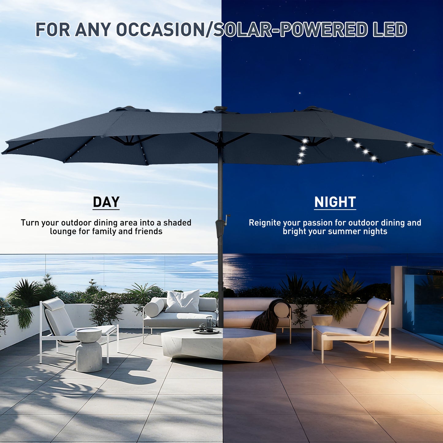 Autlaycil 15' Market Patio Umbrella and Matching Base with Crank System and 48 Solar Powered LED Lights for Outdoor, Market, Beach, Garden, Yard, Party, Navy Blue