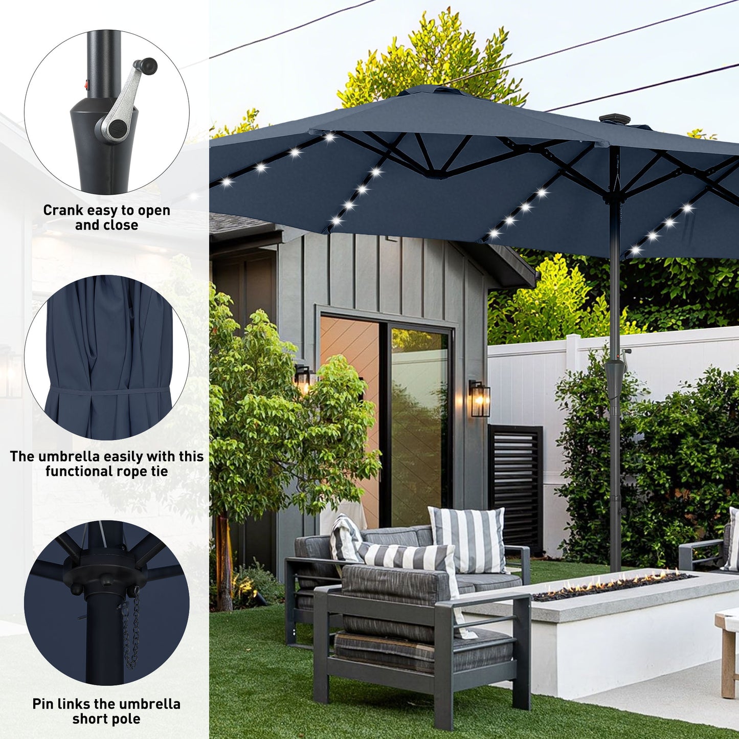 Autlaycil 15' Market Patio Umbrella and Matching Base with Crank System and 48 Solar Powered LED Lights for Outdoor, Market, Beach, Garden, Yard, Party, Navy Blue