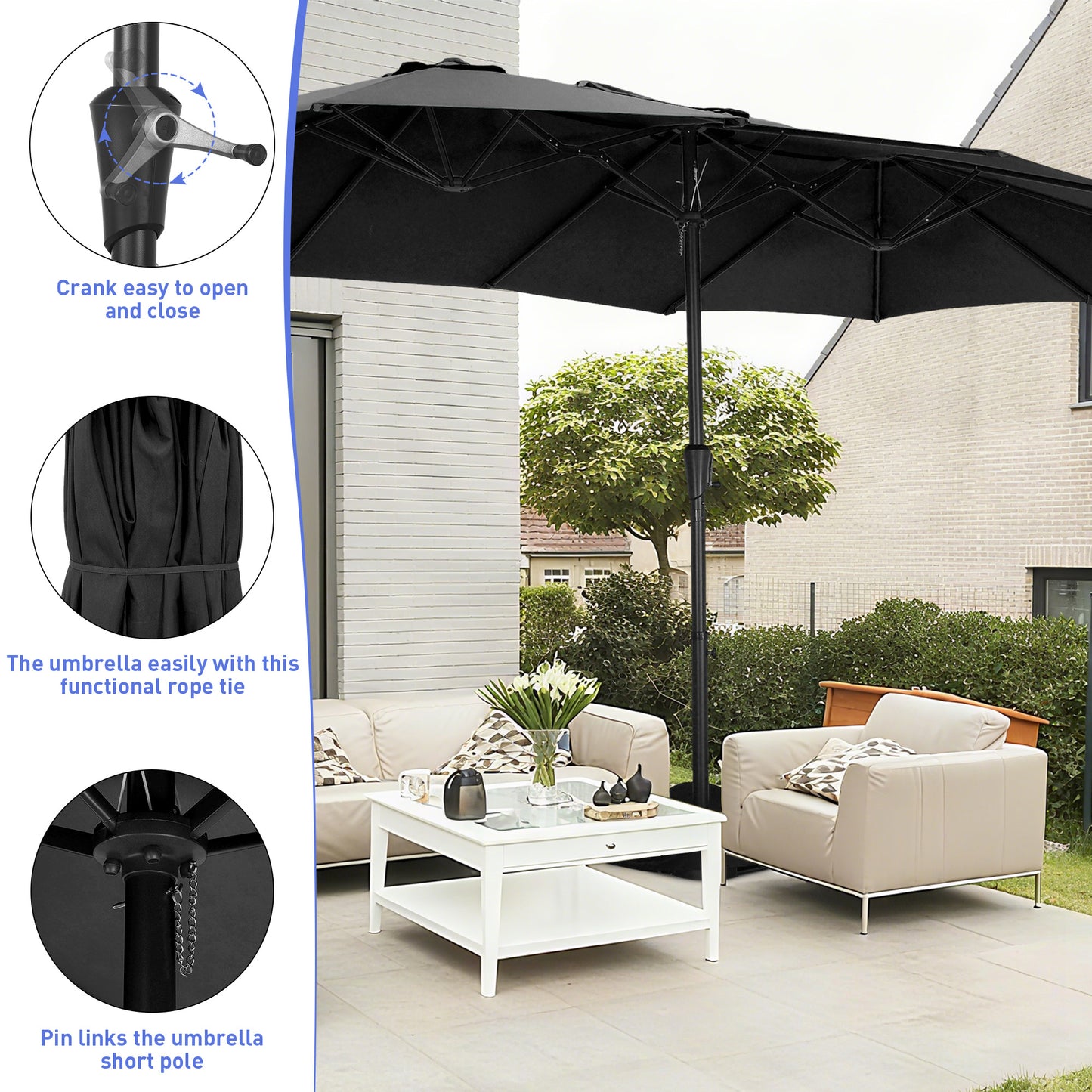 Autlaycil 15' Pool Patio Umbrella and Umbrella Base,Extra Large Umbrella with Crank, for Outdoor, Market, Beach, Garden, Yard, Party, Black