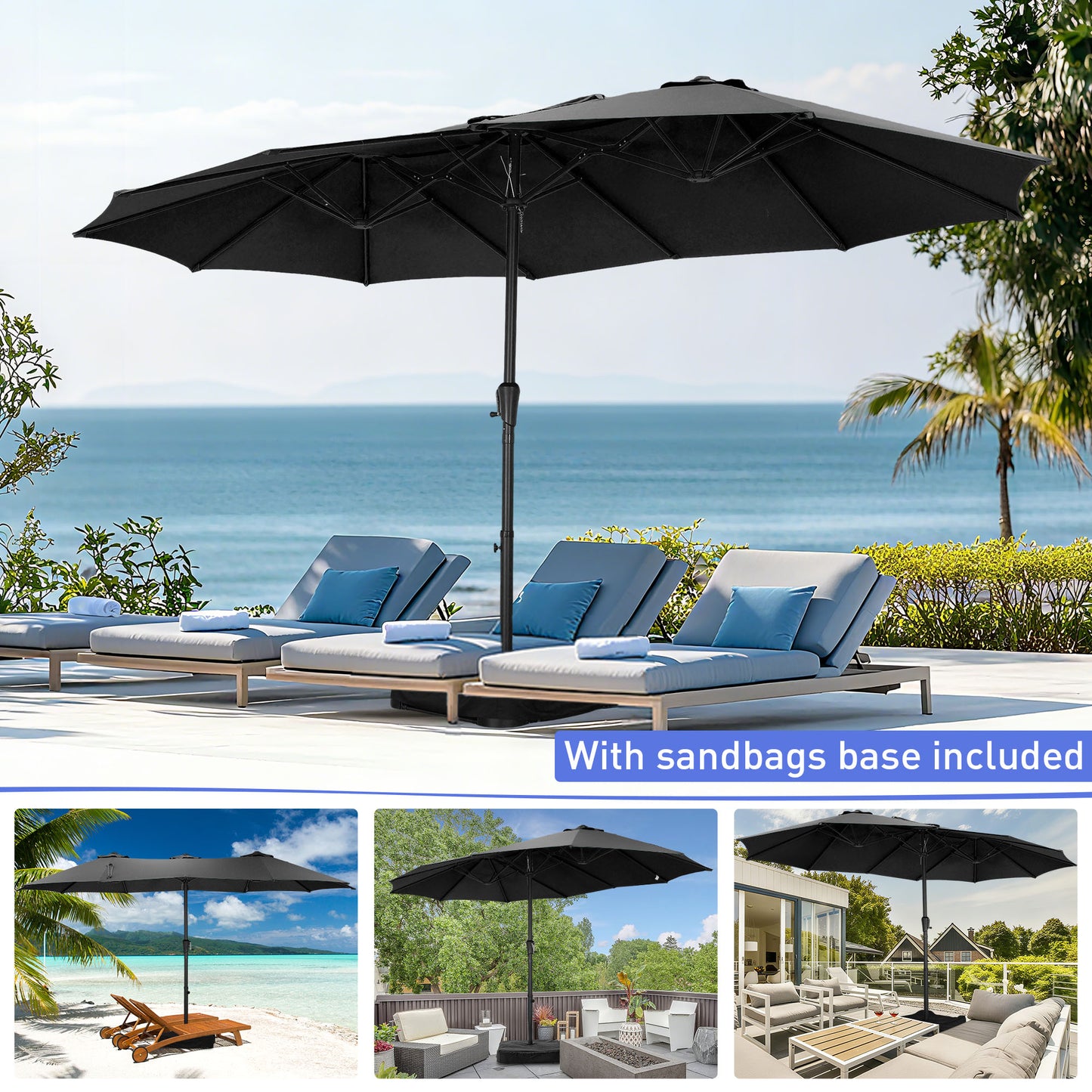 Autlaycil 15' Pool Patio Umbrella and Umbrella Base,Extra Large Umbrella with Crank, for Outdoor, Market, Beach, Garden, Yard, Party, Black