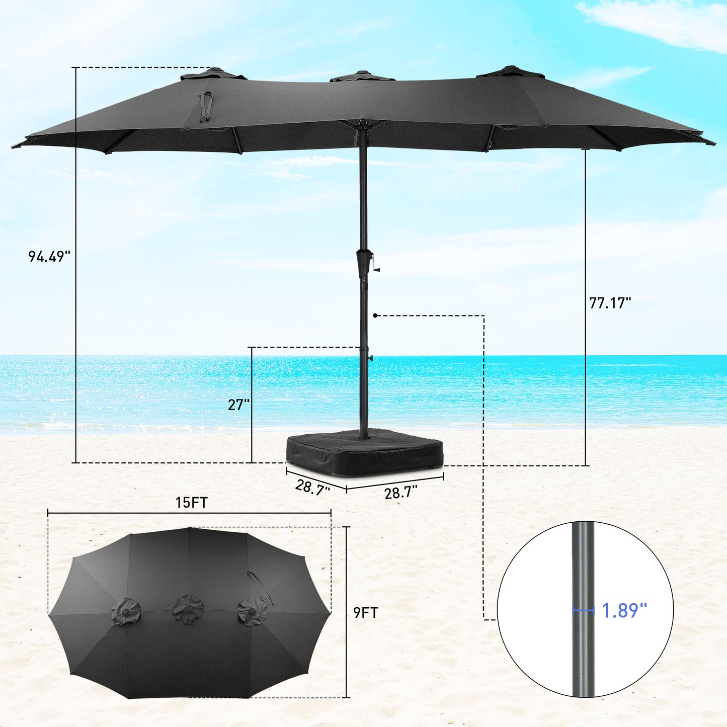 Autlaycil 15' Pool Patio Umbrella and Umbrella Base,Extra Large Umbrella with Crank, for Outdoor, Market, Beach, Garden, Yard, Party, Black