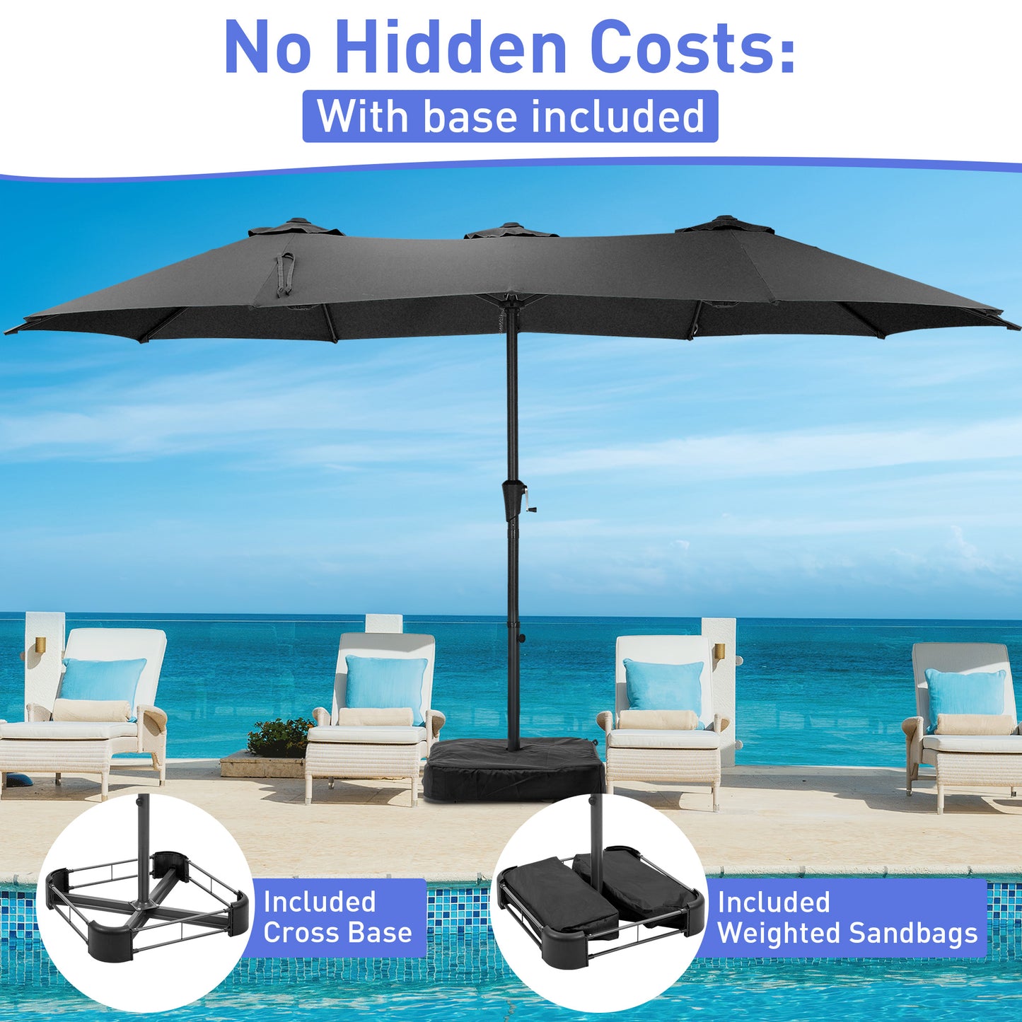Autlaycil 15' Pool Patio Umbrella and Umbrella Base,Extra Large Umbrella with Crank, for Outdoor, Market, Beach, Garden, Yard, Party, Black