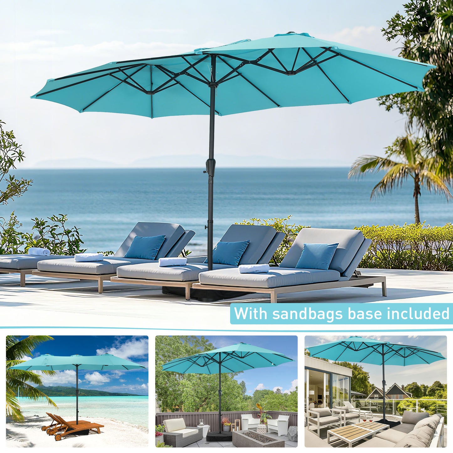 Autlaycil 15' Pool Patio Umbrella and Umbrella Base,Extra Large Umbrella with Crank, for Outdoor, Market, Beach, Garden, Yard, Party, Blue