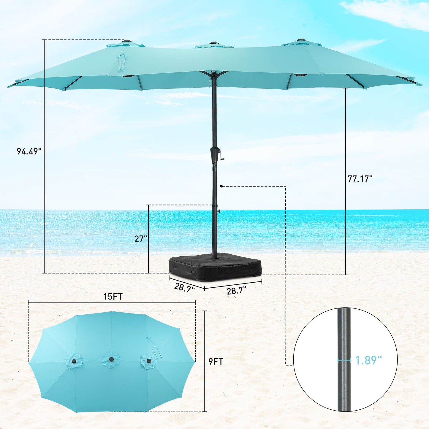Autlaycil 15' Pool Patio Umbrella and Umbrella Base,Extra Large Umbrella with Crank, for Outdoor, Market, Beach, Garden, Yard, Party, Blue