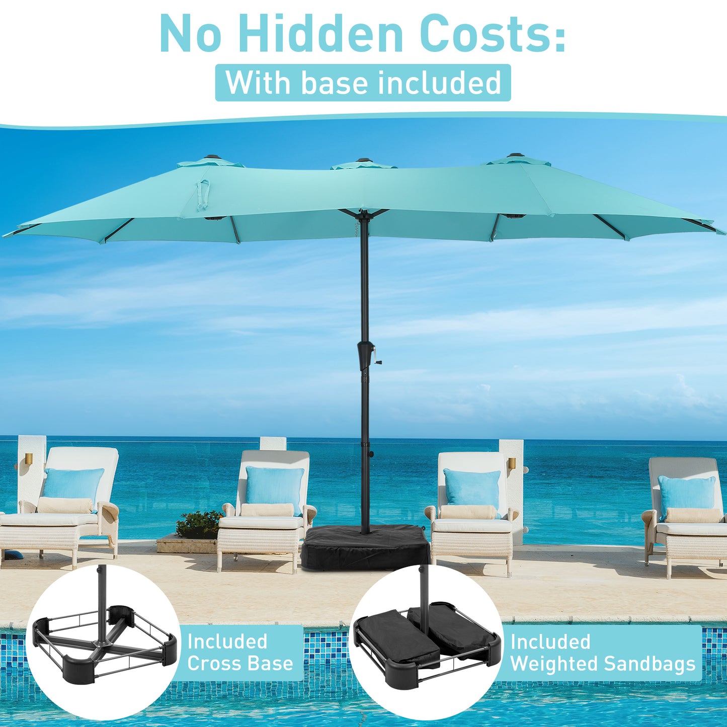 Autlaycil 15' Pool Patio Umbrella and Umbrella Base,Extra Large Umbrella with Crank, for Outdoor, Market, Beach, Garden, Yard, Party, Blue