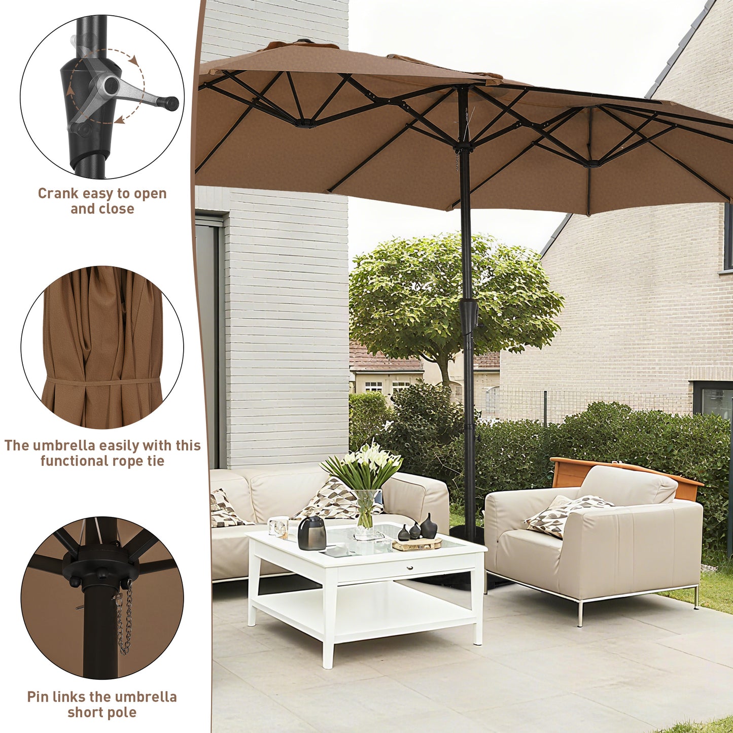 Autlaycil 15' Pool Patio Umbrella and Umbrella Base,Extra Large Umbrella with Crank, for Outdoor, Market, Beach, Garden, Yard, Party, Brown