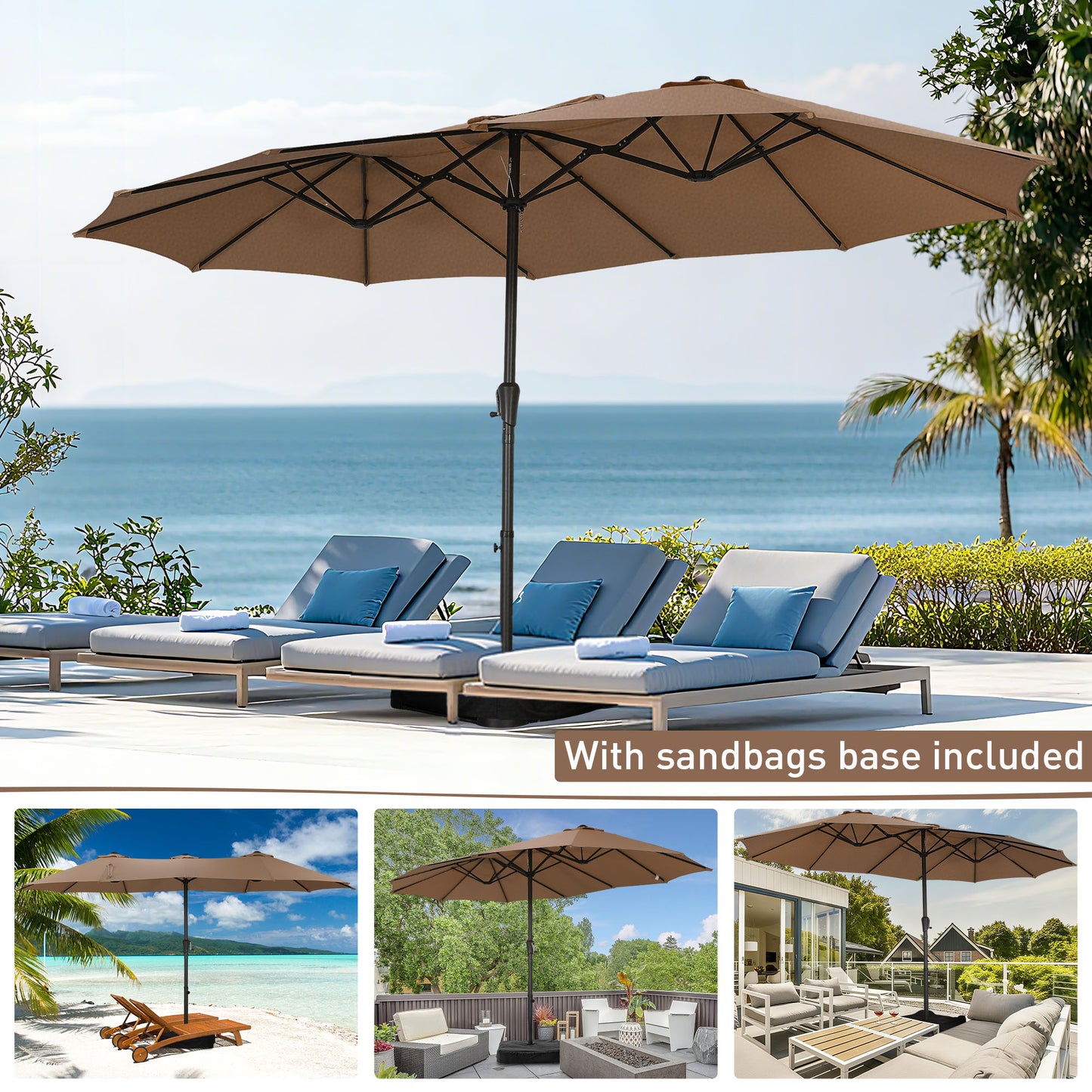 Autlaycil 15' Pool Patio Umbrella and Umbrella Base,Extra Large Umbrella with Crank, for Outdoor, Market, Beach, Garden, Yard, Party, Brown