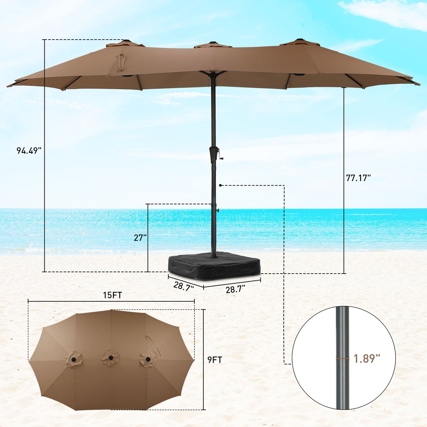 Autlaycil 15' Pool Patio Umbrella and Umbrella Base,Extra Large Umbrella with Crank, for Outdoor, Market, Beach, Garden, Yard, Party, Brown