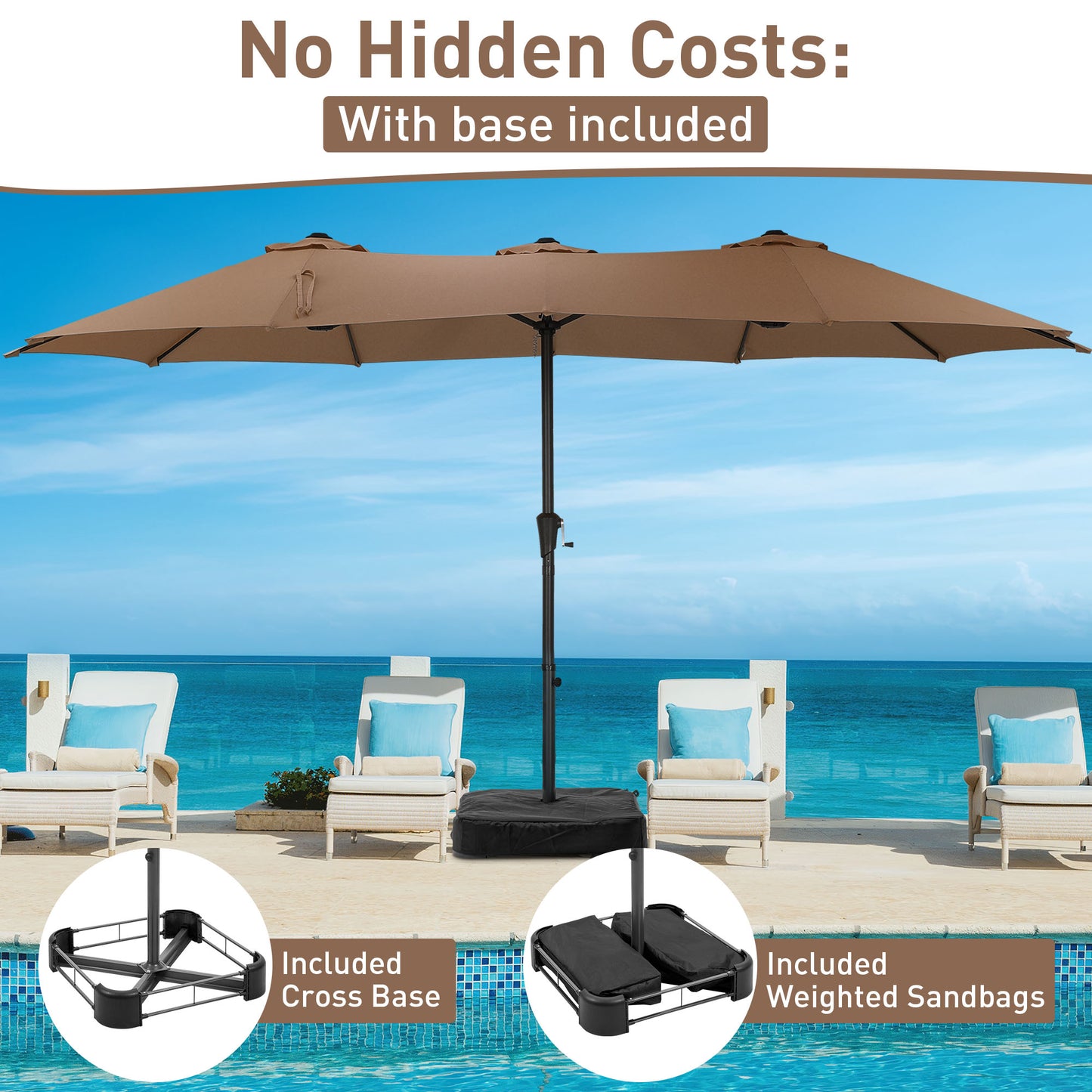 Autlaycil 15' Pool Patio Umbrella and Umbrella Base,Extra Large Umbrella with Crank, for Outdoor, Market, Beach, Garden, Yard, Party, Brown