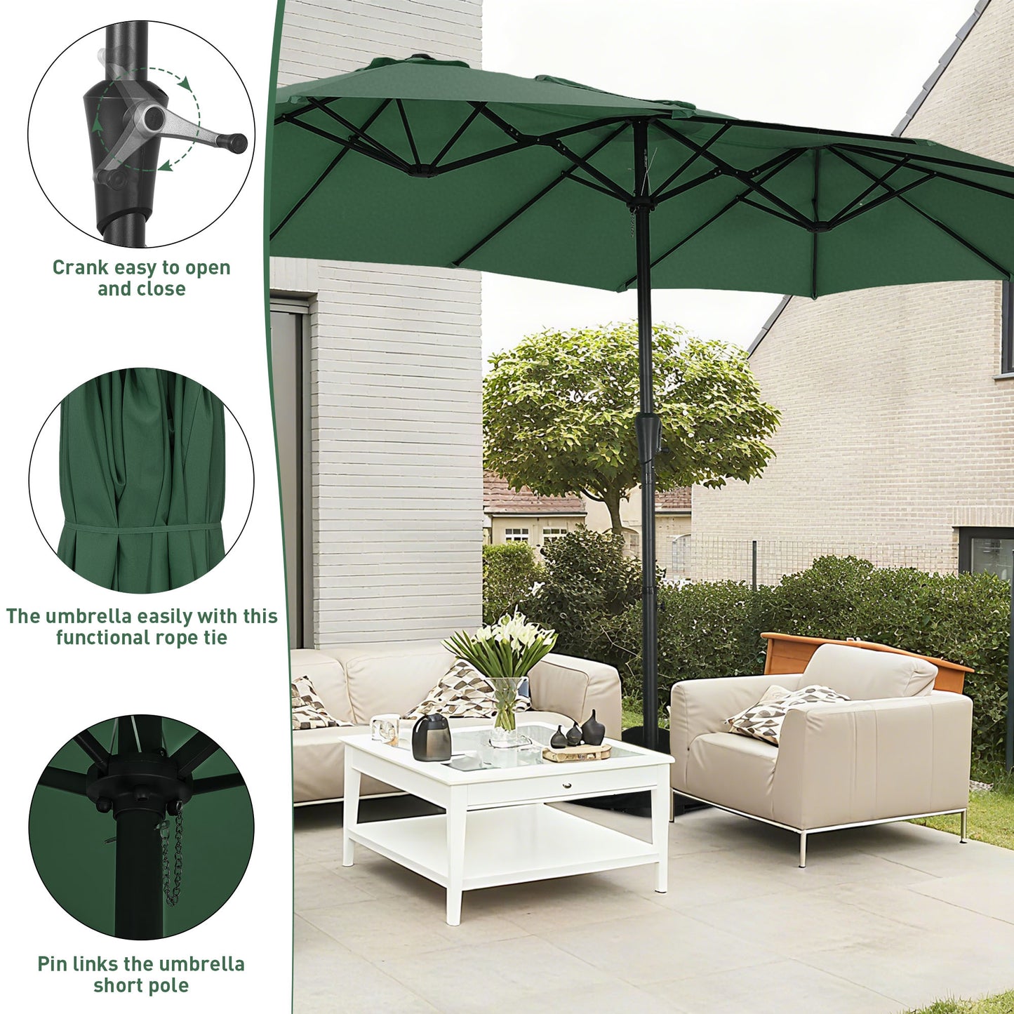 Autlaycil 15' Pool Patio Umbrella and Umbrella Base,Extra Large Umbrella with Crank, for Outdoor, Market, Beach, Garden, Yard, Party, Green