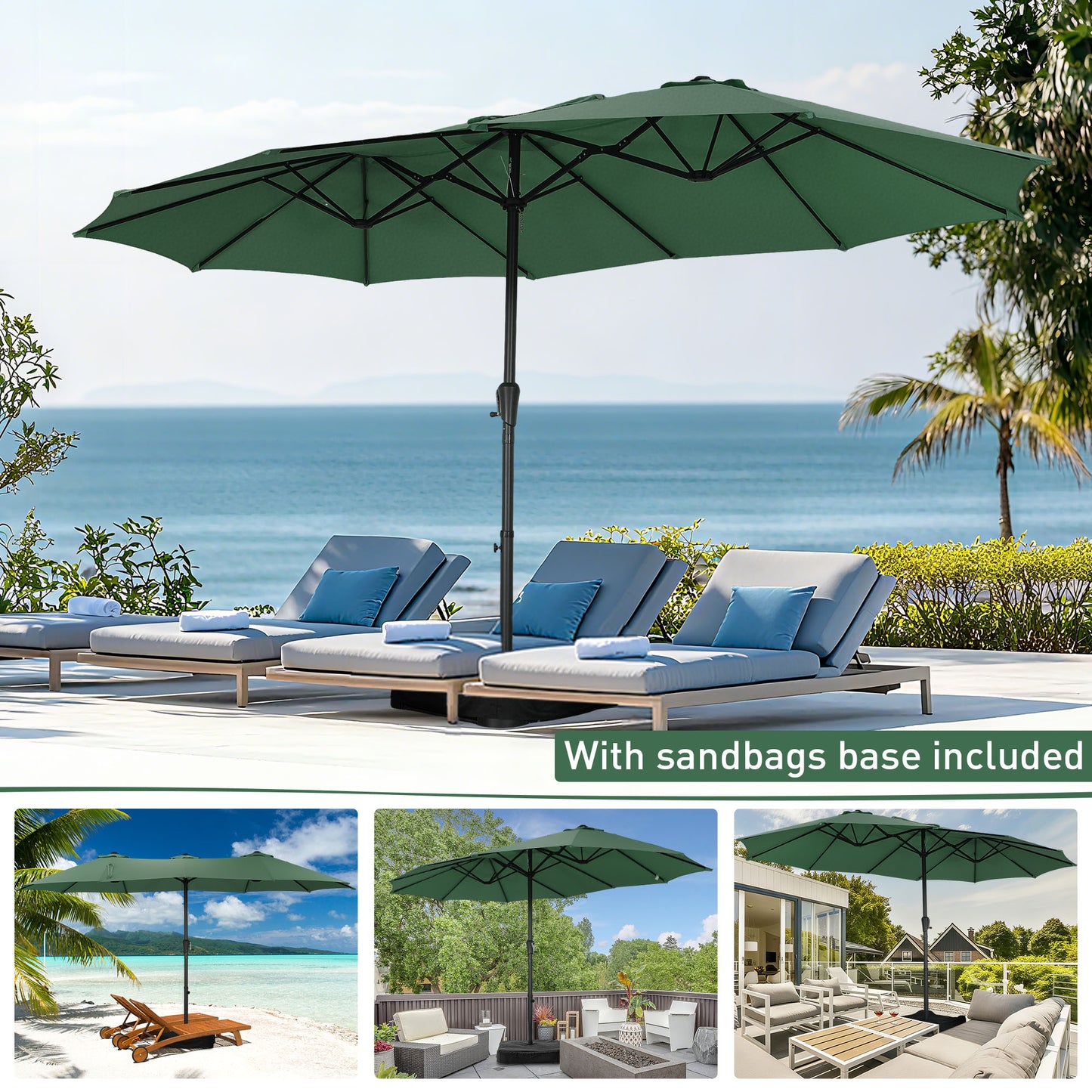 Autlaycil 15' Pool Patio Umbrella and Umbrella Base,Extra Large Umbrella with Crank, for Outdoor, Market, Beach, Garden, Yard, Party, Green