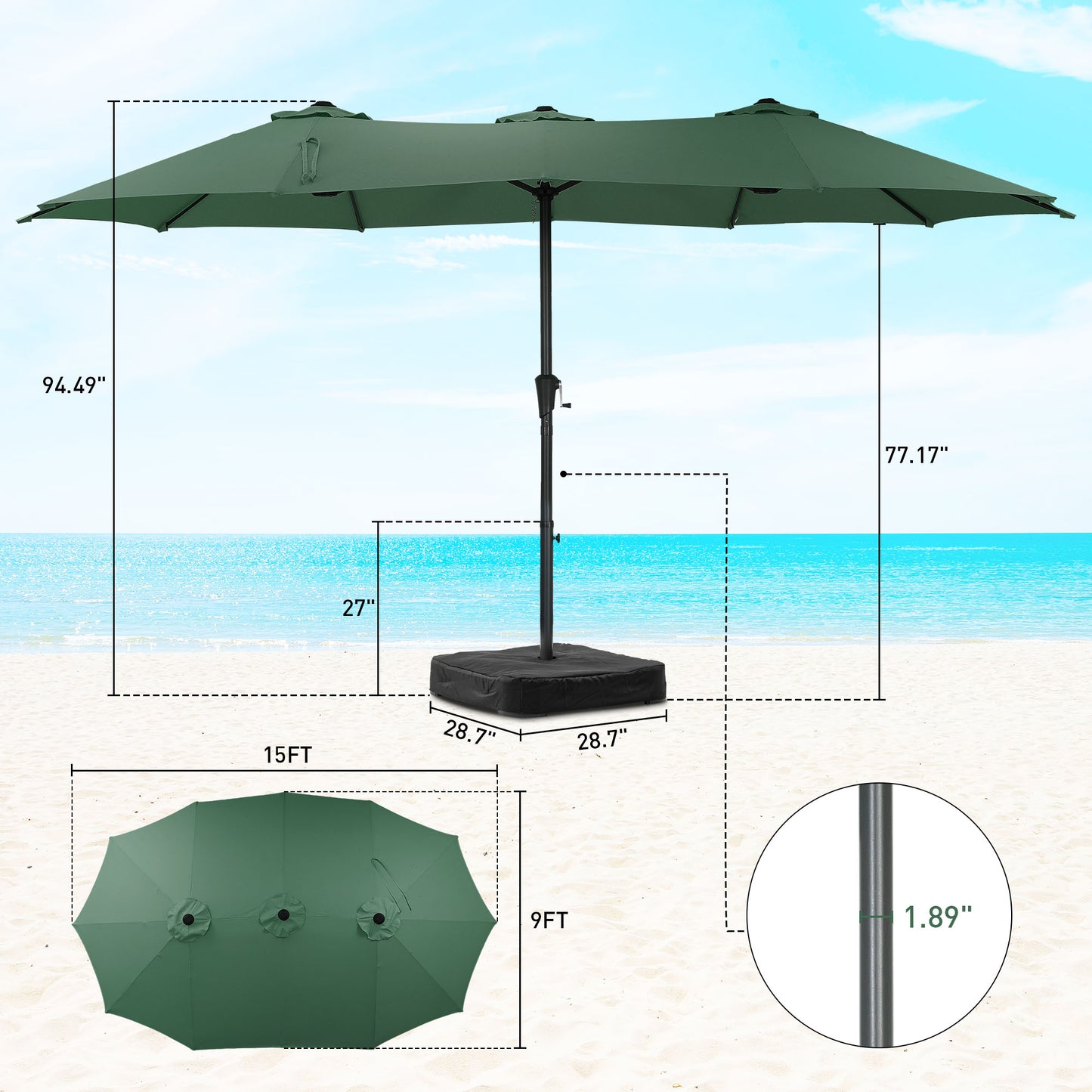 Autlaycil 15' Pool Patio Umbrella and Umbrella Base,Extra Large Umbrella with Crank, for Outdoor, Market, Beach, Garden, Yard, Party, Green