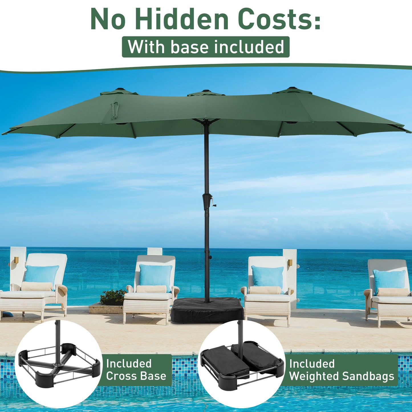 Autlaycil 15' Pool Patio Umbrella and Umbrella Base,Extra Large Umbrella with Crank, for Outdoor, Market, Beach, Garden, Yard, Party, Green