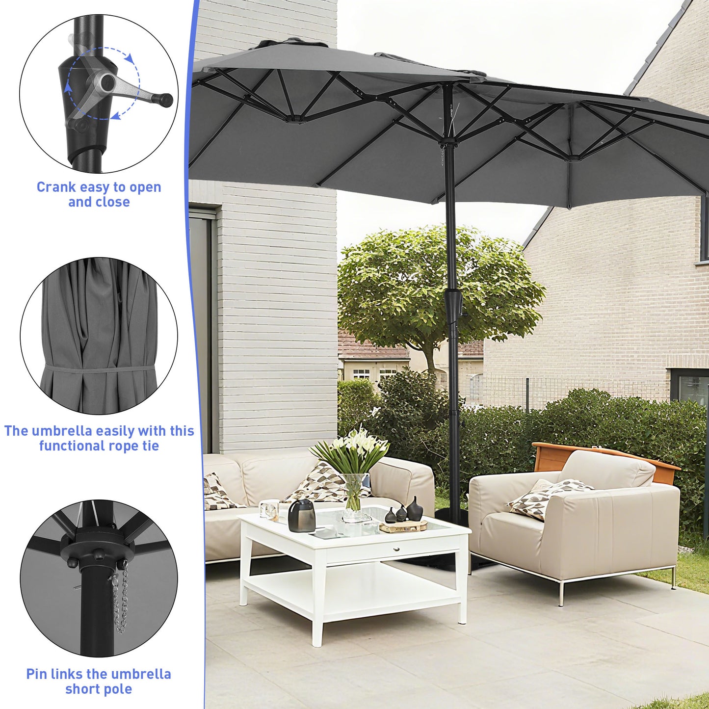 Autlaycil 15' Pool Patio Umbrella and Umbrella Base,Extra Large Umbrella with Crank, for Outdoor, Market, Beach, Garden, Yard, Party, Gray