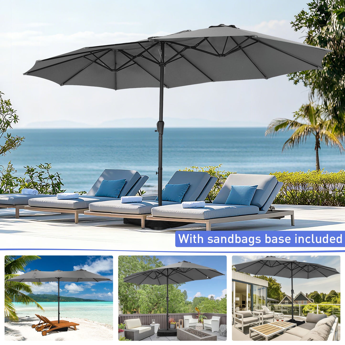 Autlaycil 15' Pool Patio Umbrella and Umbrella Base,Extra Large Umbrella with Crank, for Outdoor, Market, Beach, Garden, Yard, Party, Gray