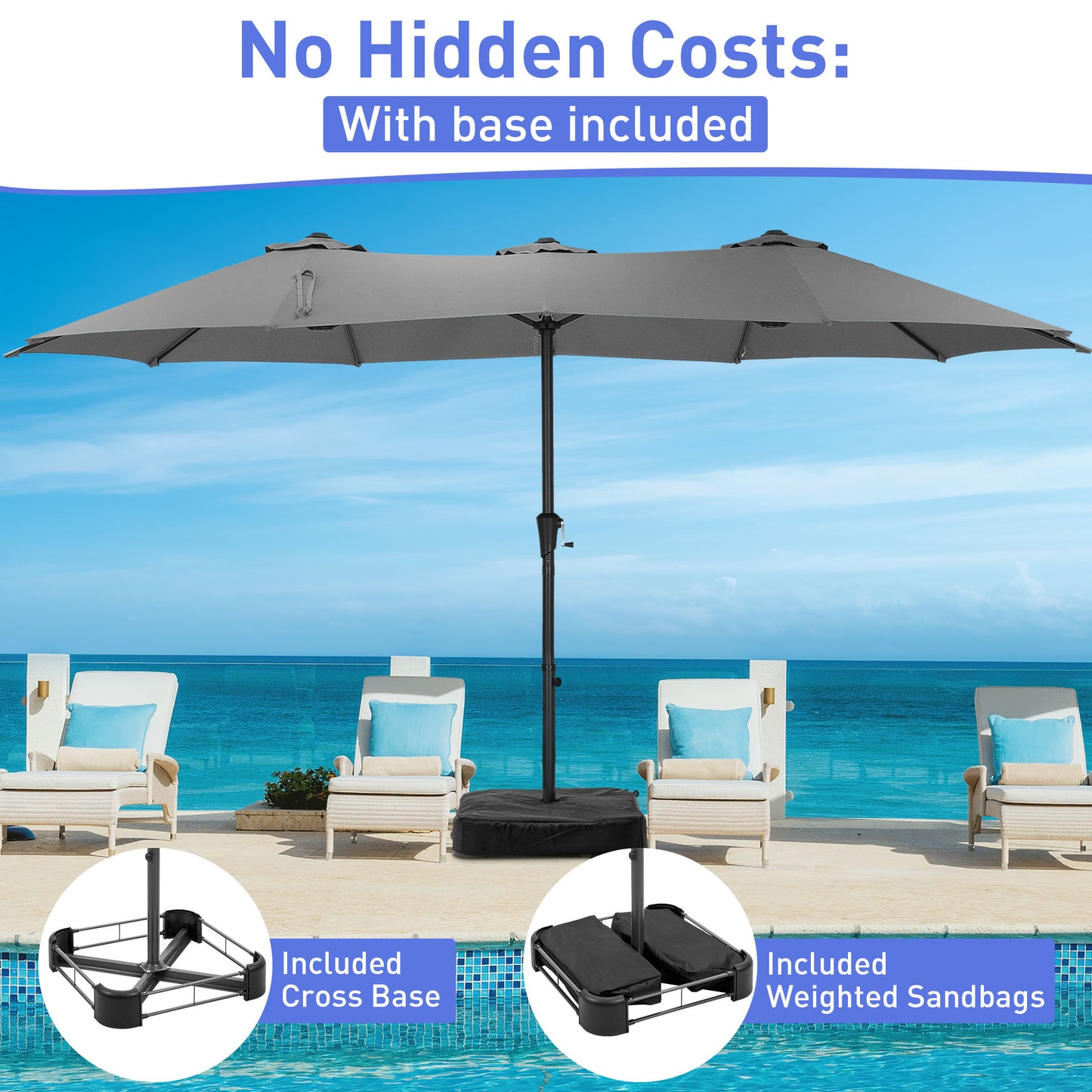 Autlaycil 15' Pool Patio Umbrella and Umbrella Base,Extra Large Umbrella with Crank, for Outdoor, Market, Beach, Garden, Yard, Party, Gray