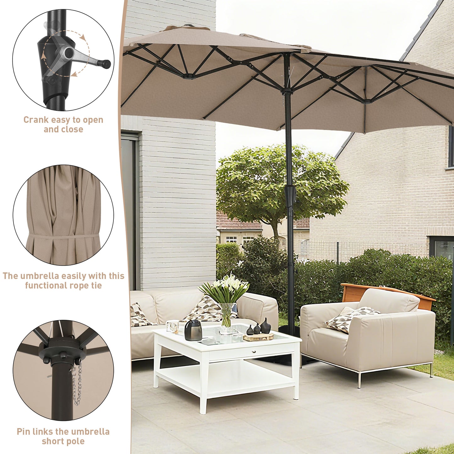 Autlaycil 15' Pool Patio Umbrella and Umbrella Base,Extra Large Umbrella with Crank, for Outdoor, Market, Beach, Garden, Yard, Party, Beige