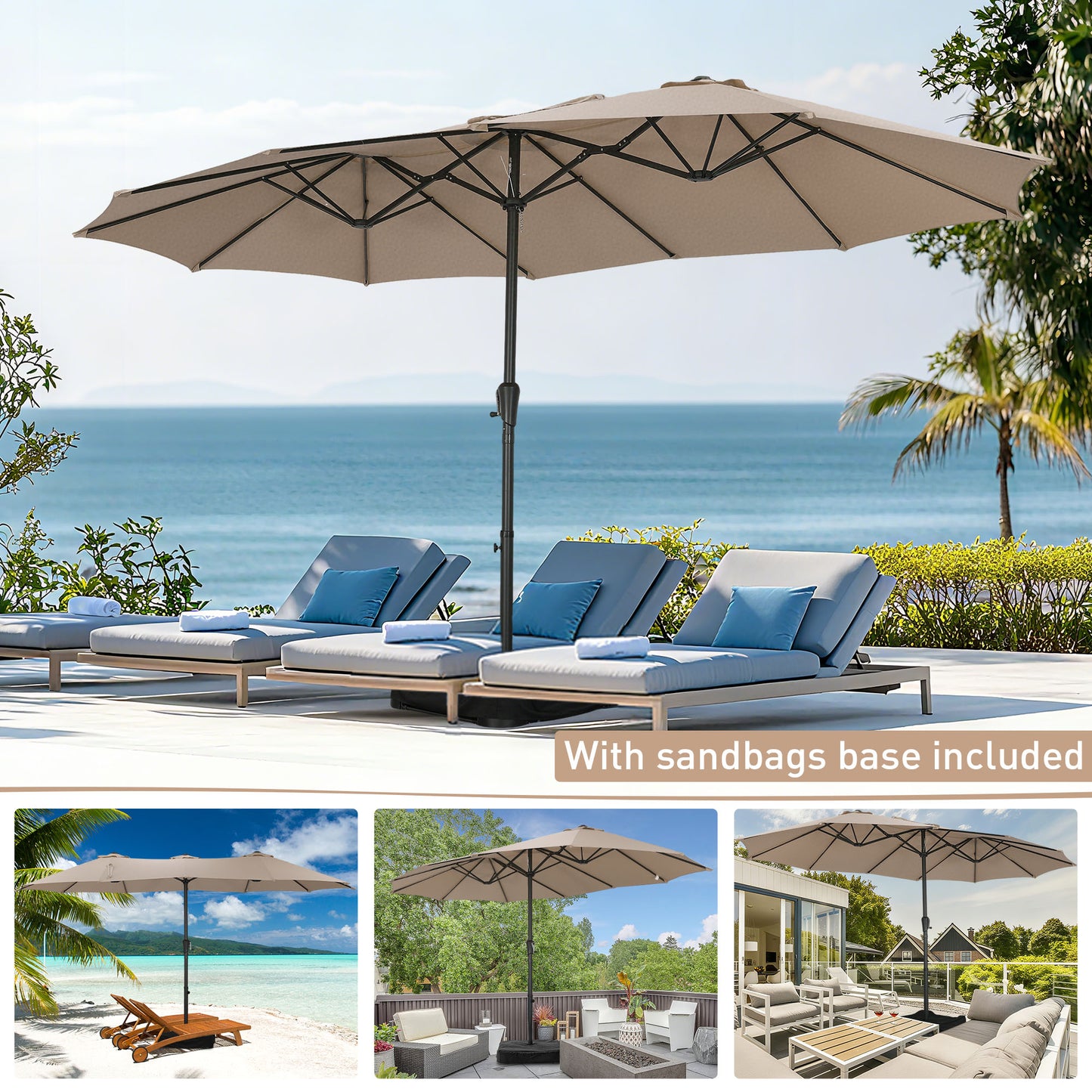 Autlaycil 15' Pool Patio Umbrella and Umbrella Base,Extra Large Umbrella with Crank, for Outdoor, Market, Beach, Garden, Yard, Party, Beige