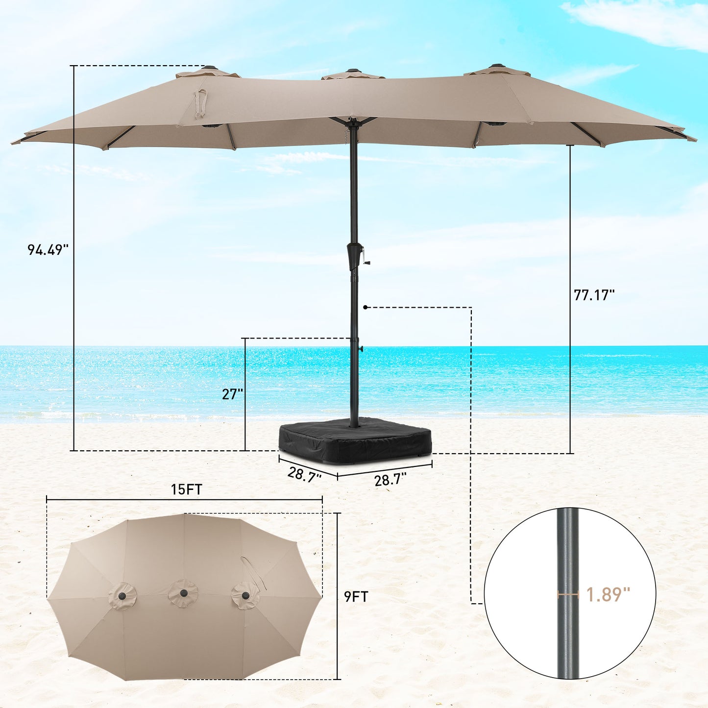 Autlaycil 15' Pool Patio Umbrella and Umbrella Base,Extra Large Umbrella with Crank, for Outdoor, Market, Beach, Garden, Yard, Party, Beige