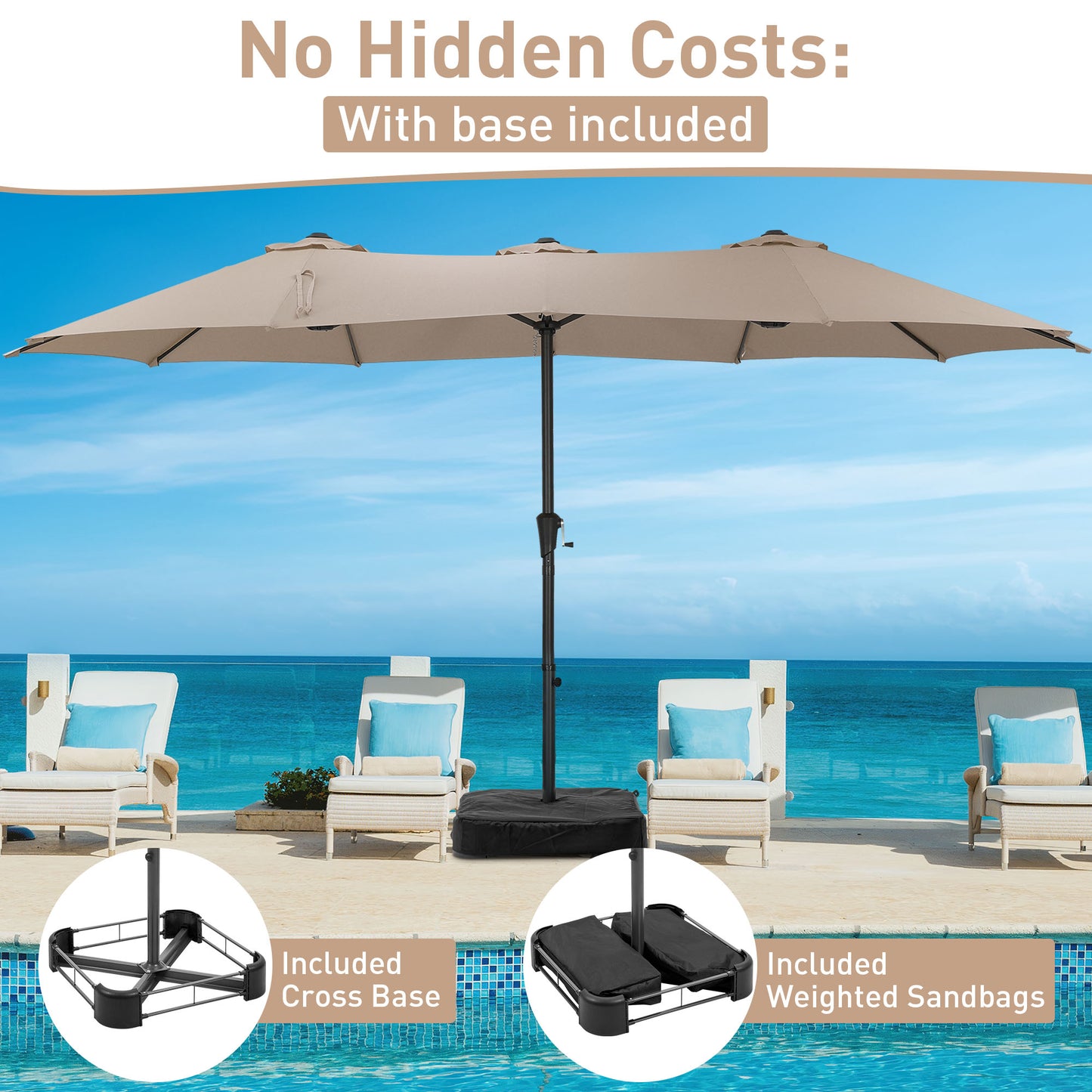 Autlaycil 15' Pool Patio Umbrella and Umbrella Base,Extra Large Umbrella with Crank, for Outdoor, Market, Beach, Garden, Yard, Party, Beige