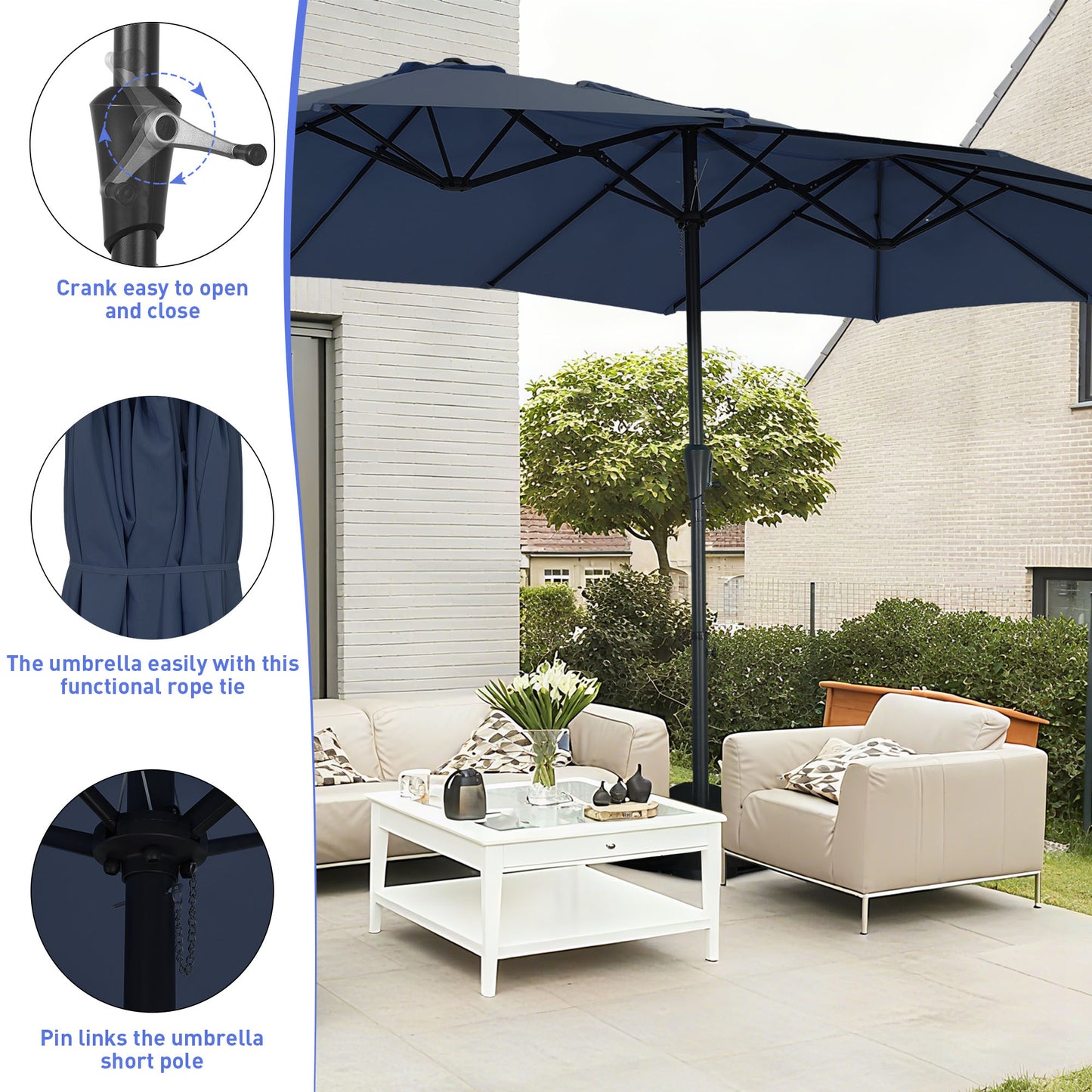 Autlaycil 15' Pool Patio Umbrella and Umbrella Base,Extra Large Umbrella with Crank, for Outdoor, Market, Beach, Garden, Yard, Party, Navy Blue