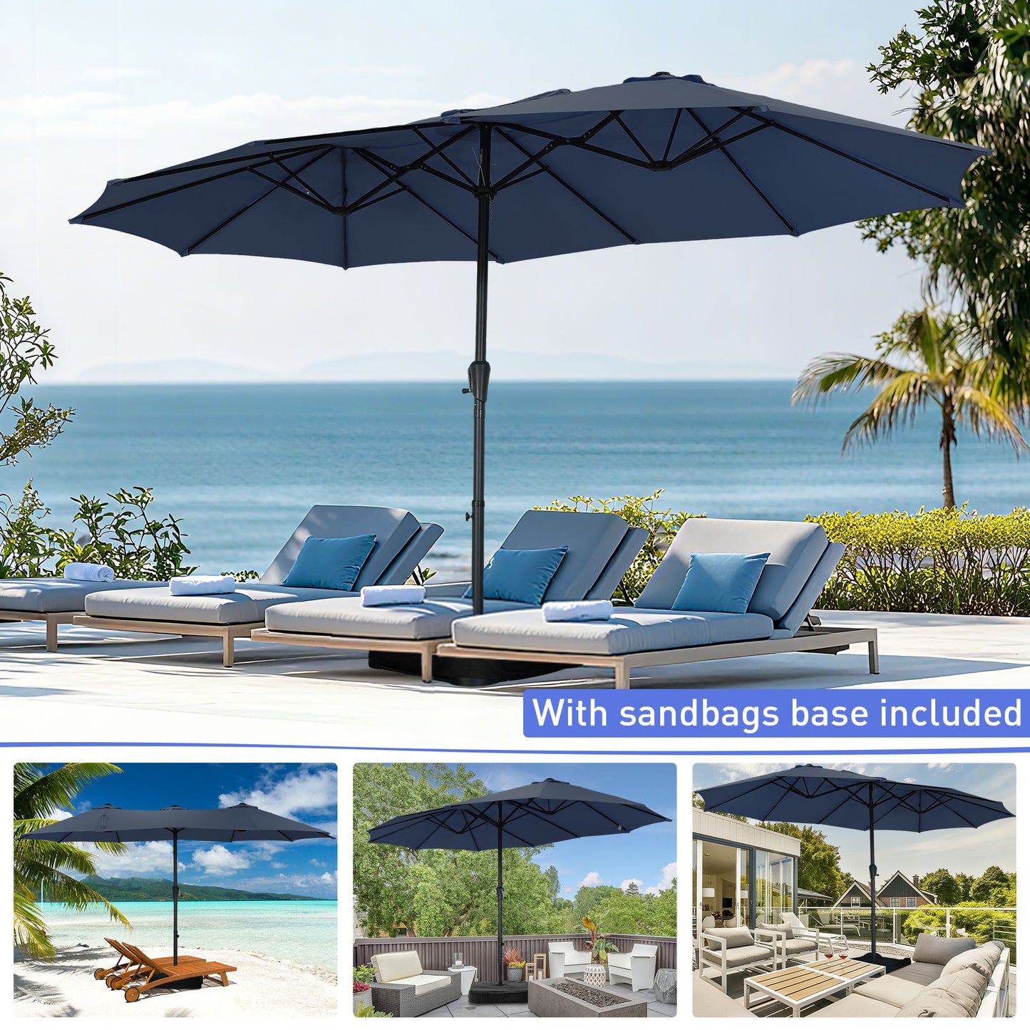 Autlaycil 15' Pool Patio Umbrella and Umbrella Base,Extra Large Umbrella with Crank, for Outdoor, Market, Beach, Garden, Yard, Party, Navy Blue