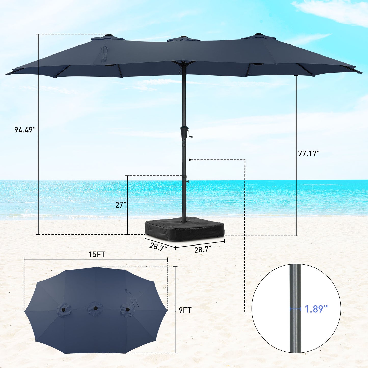 Autlaycil 15' Pool Patio Umbrella and Umbrella Base,Extra Large Umbrella with Crank, for Outdoor, Market, Beach, Garden, Yard, Party, Navy Blue