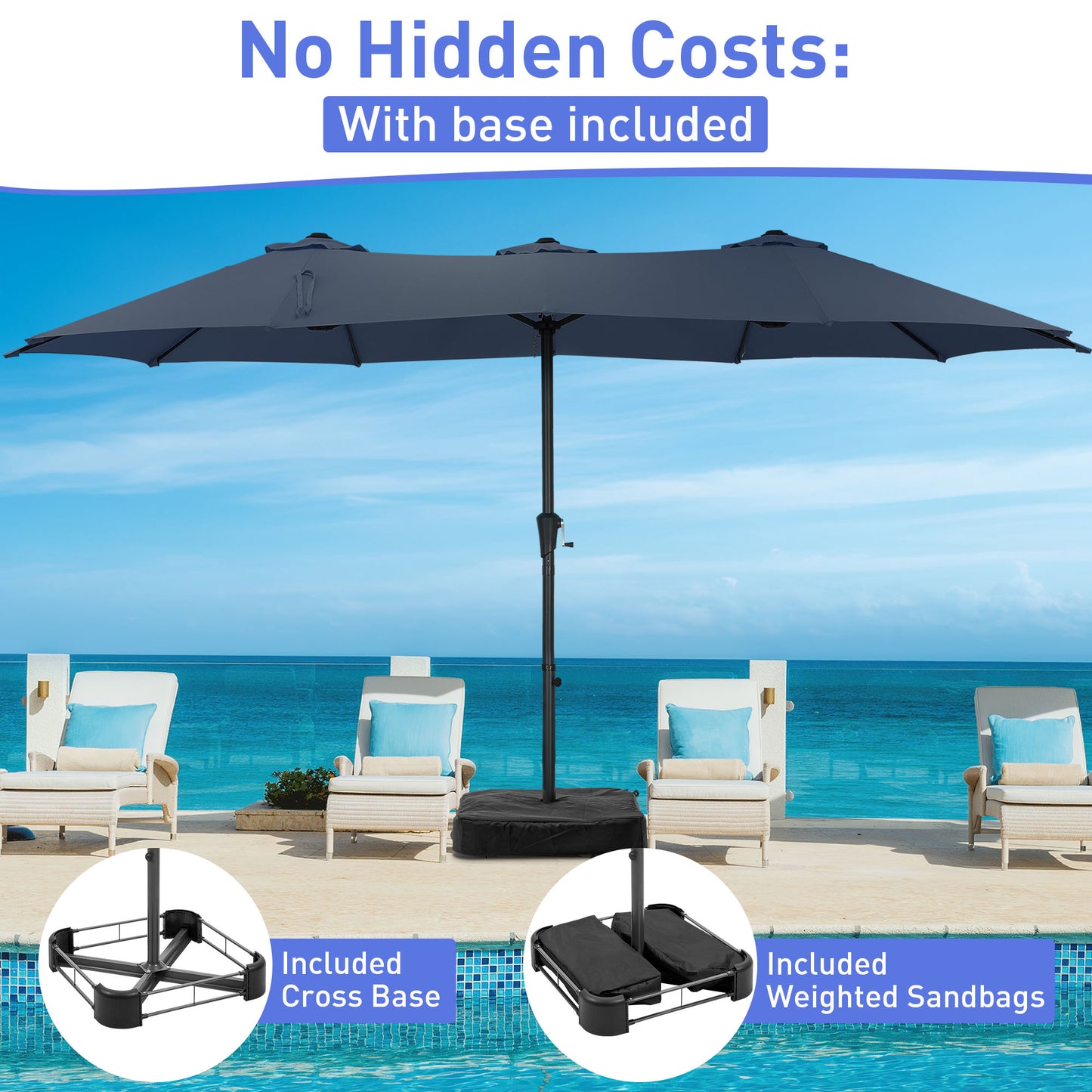 Autlaycil 15' Pool Patio Umbrella and Umbrella Base,Extra Large Umbrella with Crank, for Outdoor, Market, Beach, Garden, Yard, Party, Navy Blue