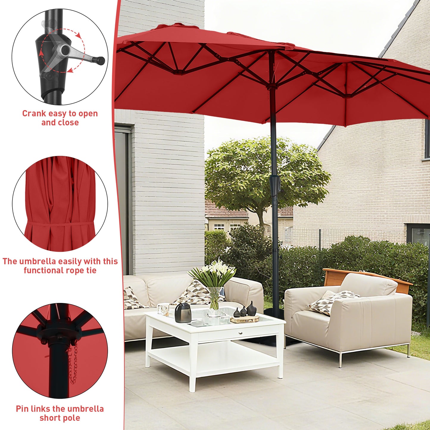 Autlaycil 15' Pool Patio Umbrella and Umbrella Base,Extra Large Umbrella with Crank, for Outdoor, Market, Beach, Garden, Yard, Party, Red