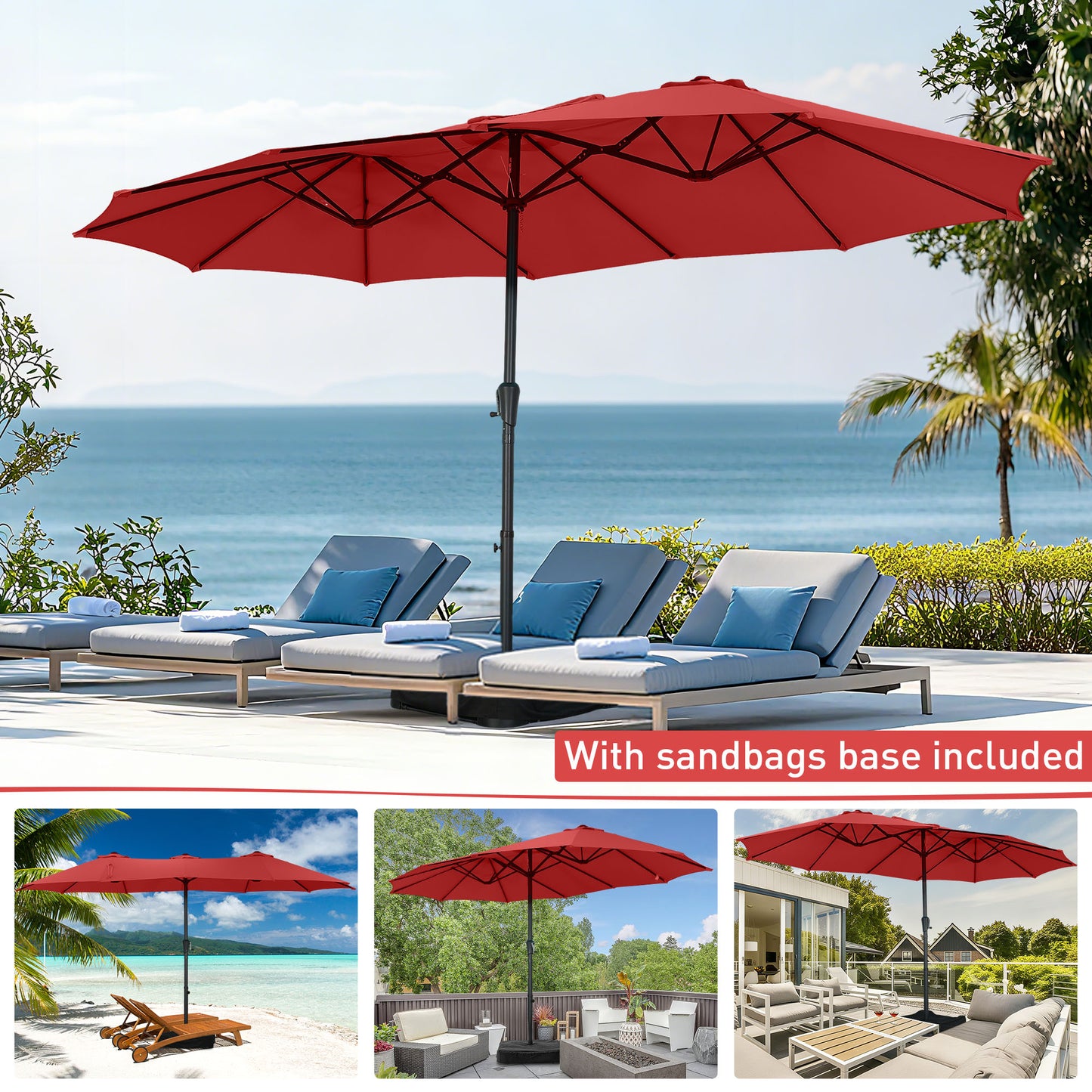 Autlaycil 15' Pool Patio Umbrella and Umbrella Base,Extra Large Umbrella with Crank, for Outdoor, Market, Beach, Garden, Yard, Party, Red