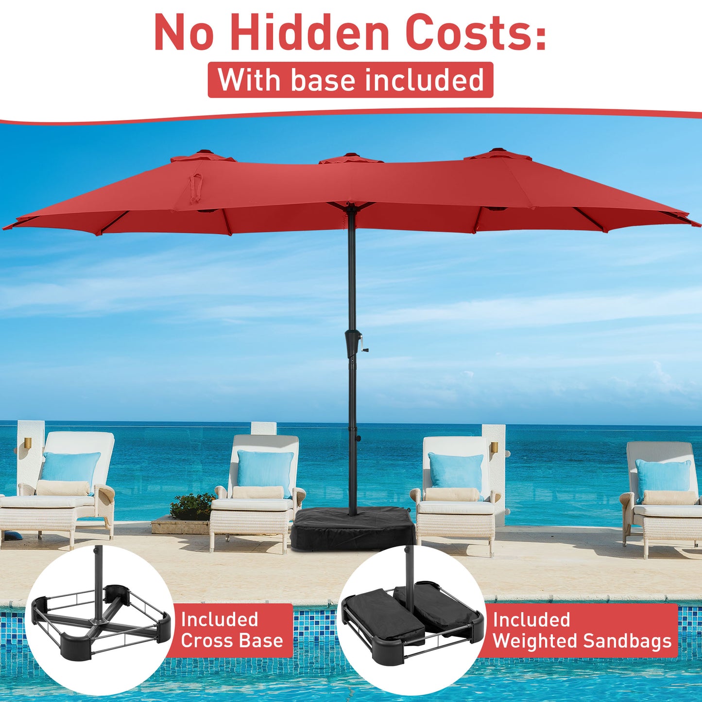 Autlaycil 15' Pool Patio Umbrella and Umbrella Base,Extra Large Umbrella with Crank, for Outdoor, Market, Beach, Garden, Yard, Party, Red