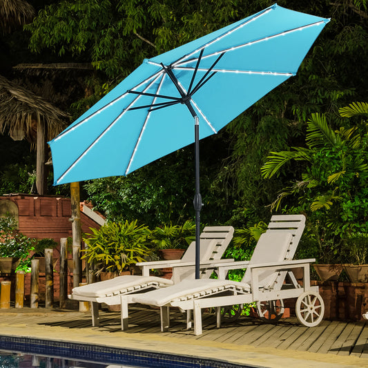 Autlaycil 10ft Patio Umbrellas with 8 Strip Lights Outdoor Market Umbrella with Tilt Crank, Solar Umnrella, Blue