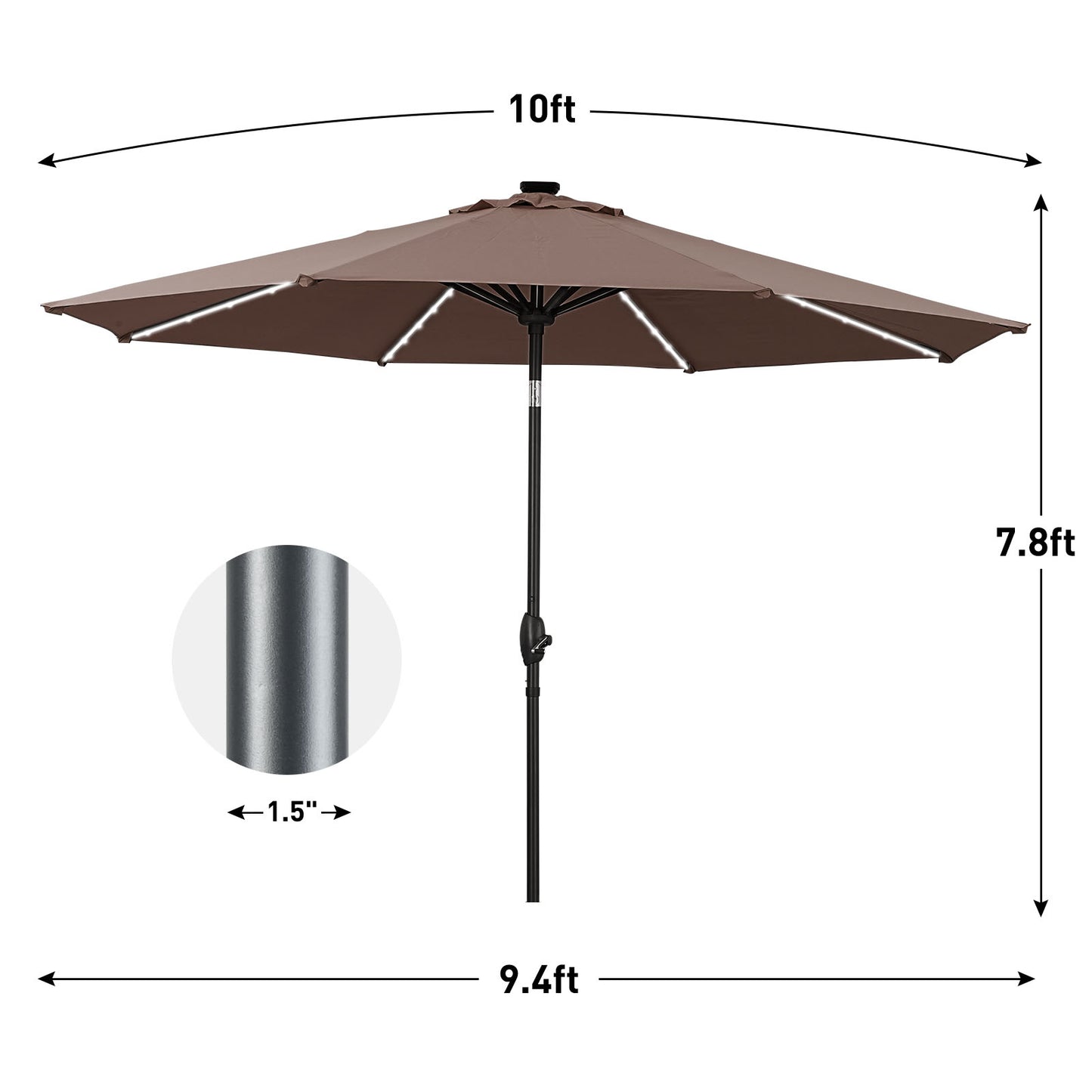 Autlaycil 10ft Patio Umbrellas with 8 Strip Lights Outdoor Market Umbrella with Tilt Crank, Solar Umnrella, Coffee