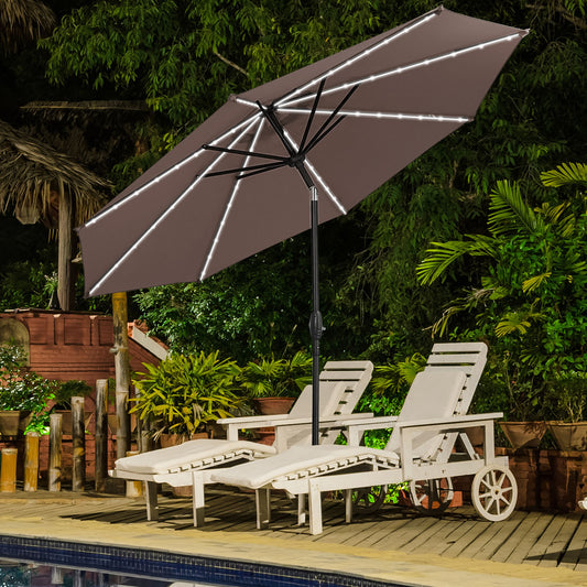 Autlaycil 10ft Patio Umbrellas with 8 Strip Lights Outdoor Market Umbrella with Tilt Crank, Solar Umnrella, Coffee