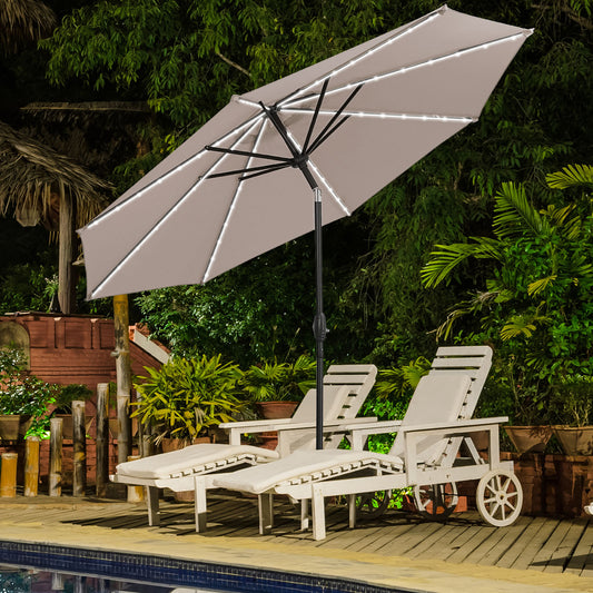 Autlaycil 10ft Patio Umbrellas with 8 Strip Lights Outdoor Market Umbrella with Tilt Crank, Solar Umnrella, Khaki