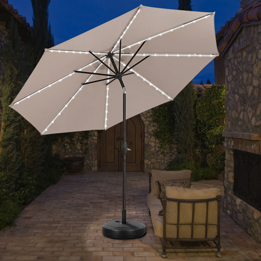 Autlaycil 10 ft Patio Umbrella with 8 LED Strip Lights, Contain Umbrella Base, Button to Tilt, Crank to Adjust Switch (Khaki)