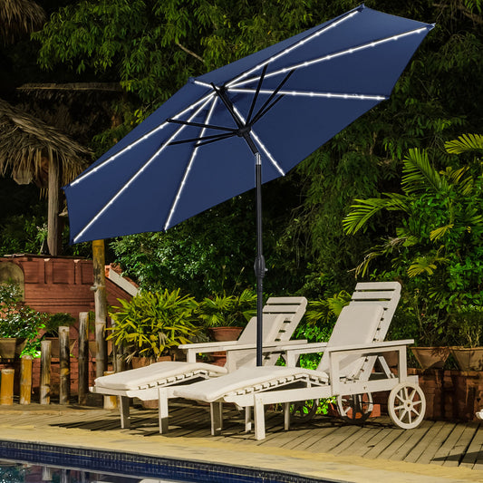 Autlaycil 10ft Patio Umbrellas with 8 Strip Lights Outdoor Market Umbrella with Tilt Crank, Solar Umnrella, Navy Blue