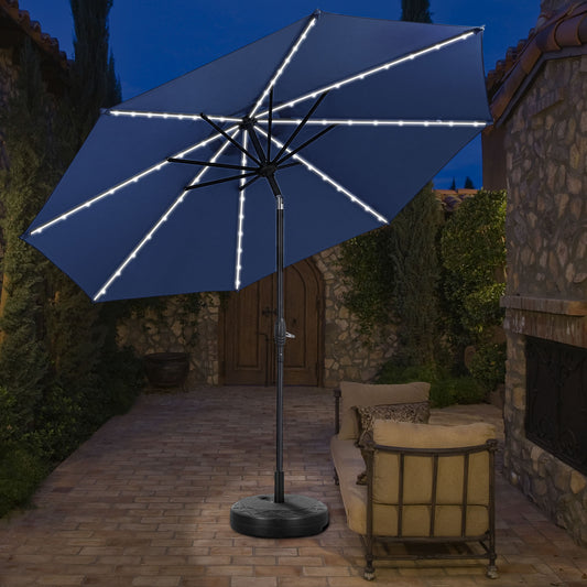 Autlaycil 10 ft Patio Umbrella with 8 LED Strip Lights, Contain Umbrella Base, Button to Tilt, Crank to Adjust Switch (Navy Blue)